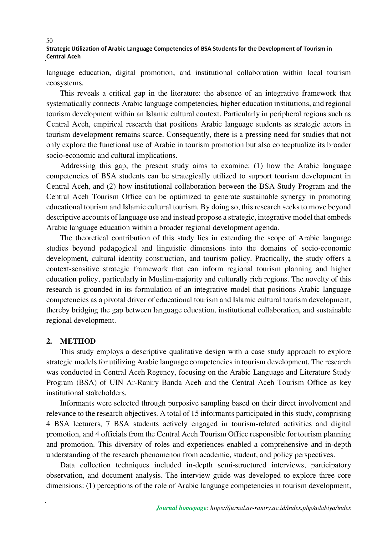 JURIS Strategic Utilization of Arabic Language Competencies of BSA Students for The Development of Tourism in Central Aceh