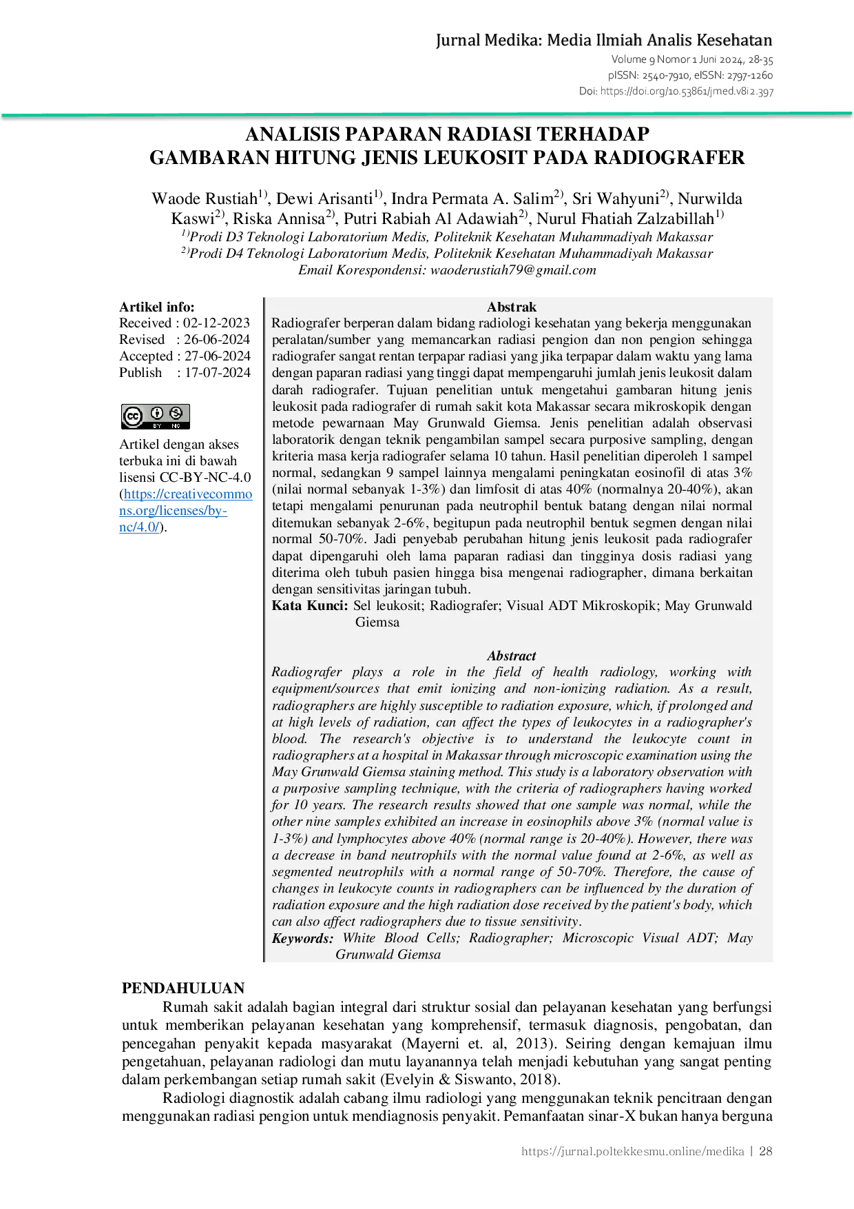JURIS Analisis Paparan Radiasi Terhadap Gambaran Hitung Jenis Leukosit Pada Radiografer