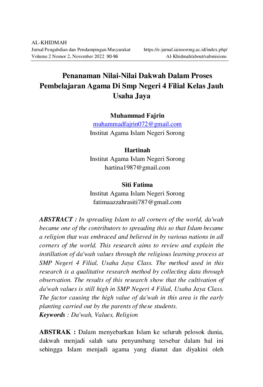 JURIS Penanaman Nilai Nilai Dakwah Dalam Proses Pembelajaran Agama Di Smp Negeri 4 Filial Kelas Jauh Usaha Jaya