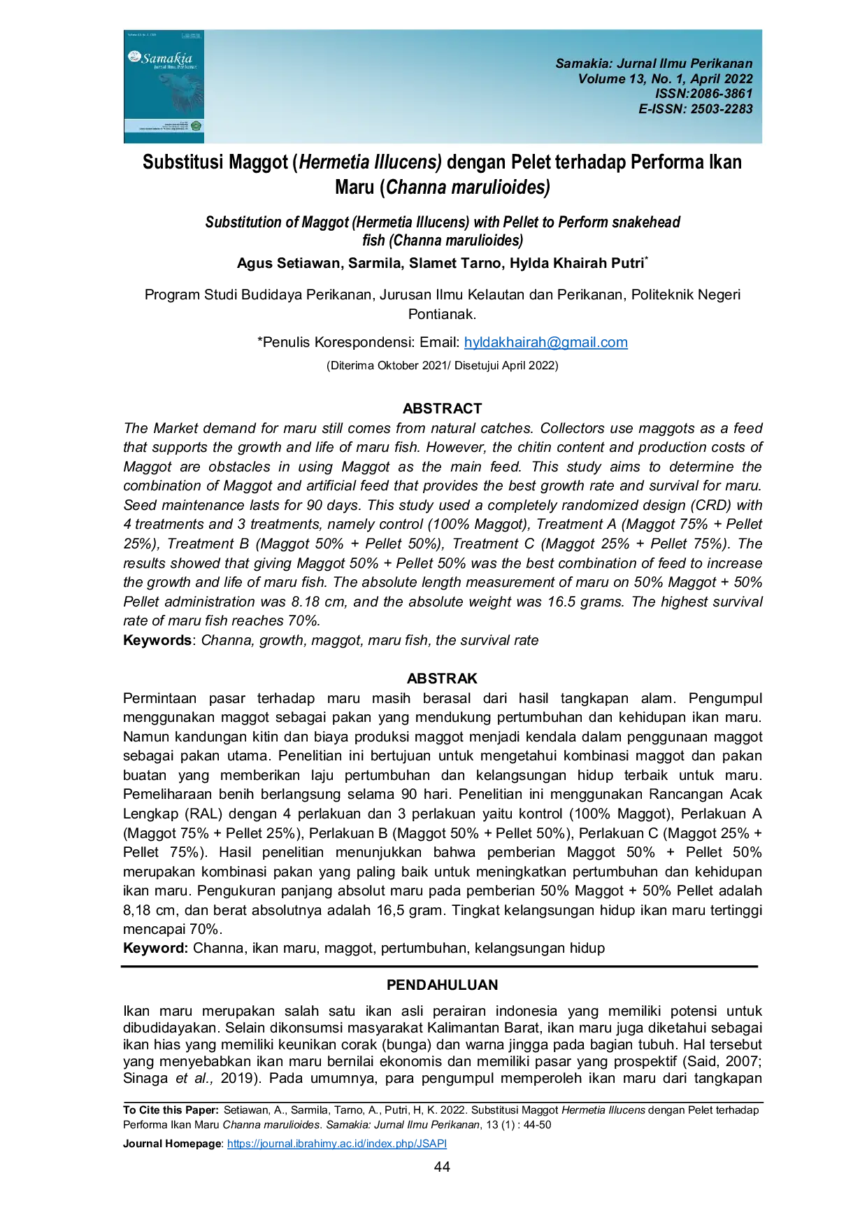 JURIS Substitusi Maggot Hermetia Illucens dengan Pelet terhadap Performa Ikan Maru Channa marulioides