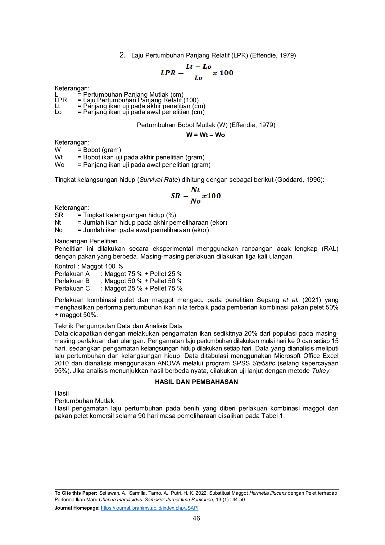 JURIS Substitusi Maggot Hermetia Illucens dengan Pelet terhadap Performa Ikan Maru Channa marulioides