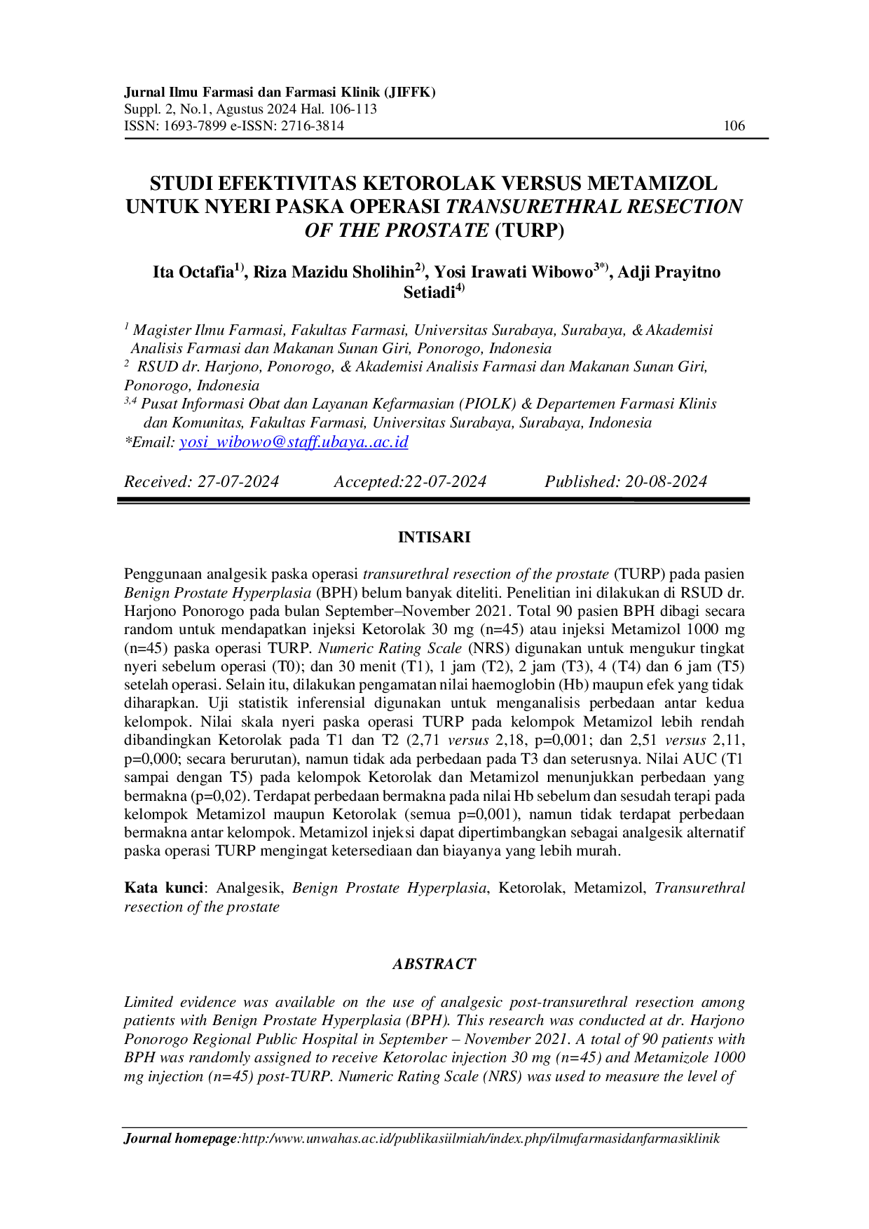JURIS Studi Efektivitas Ketorolak Versus Metamizol Untuk Nyeri Paska Operasi Transurethral Resection Of The Prostate TURP