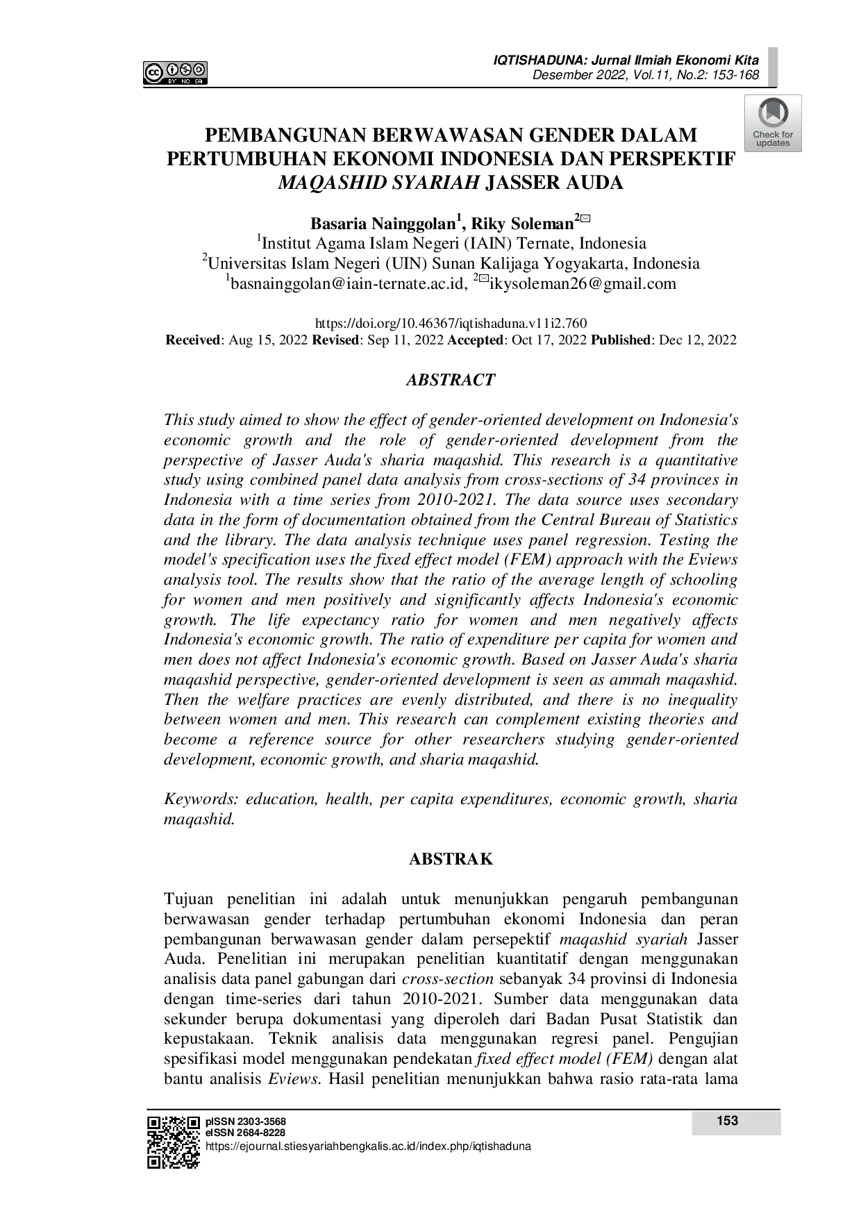juris Pembangunan Berwawasan Gender Dalam Pertumbuhan Ekonomi Indonesia Dan Perspektif Maqashid Syariah Jasser Auda