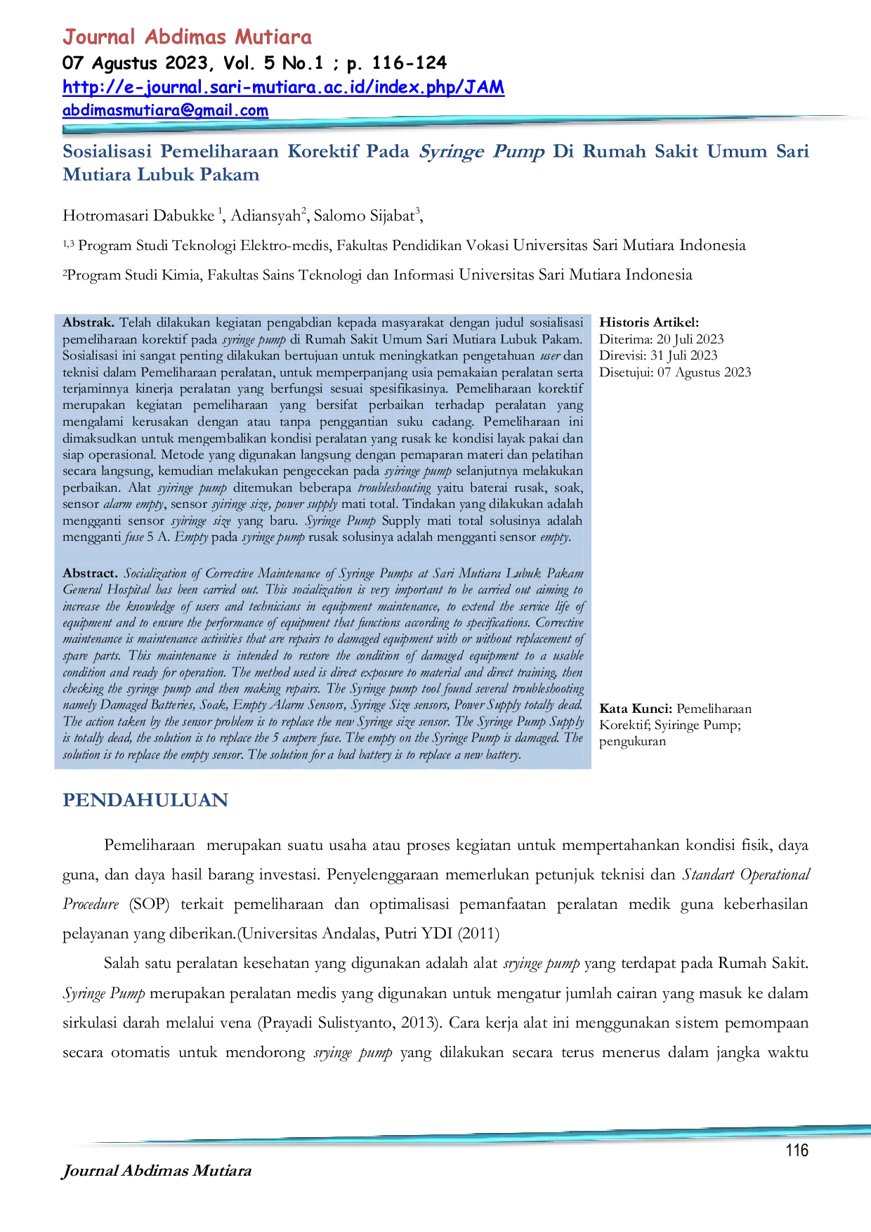 JURIS Sosialisasi Pemeliharaan Korektif Pada Syringe Pump Di Rumah Sakit Umum Sari Mutiara Lubuk Pakam