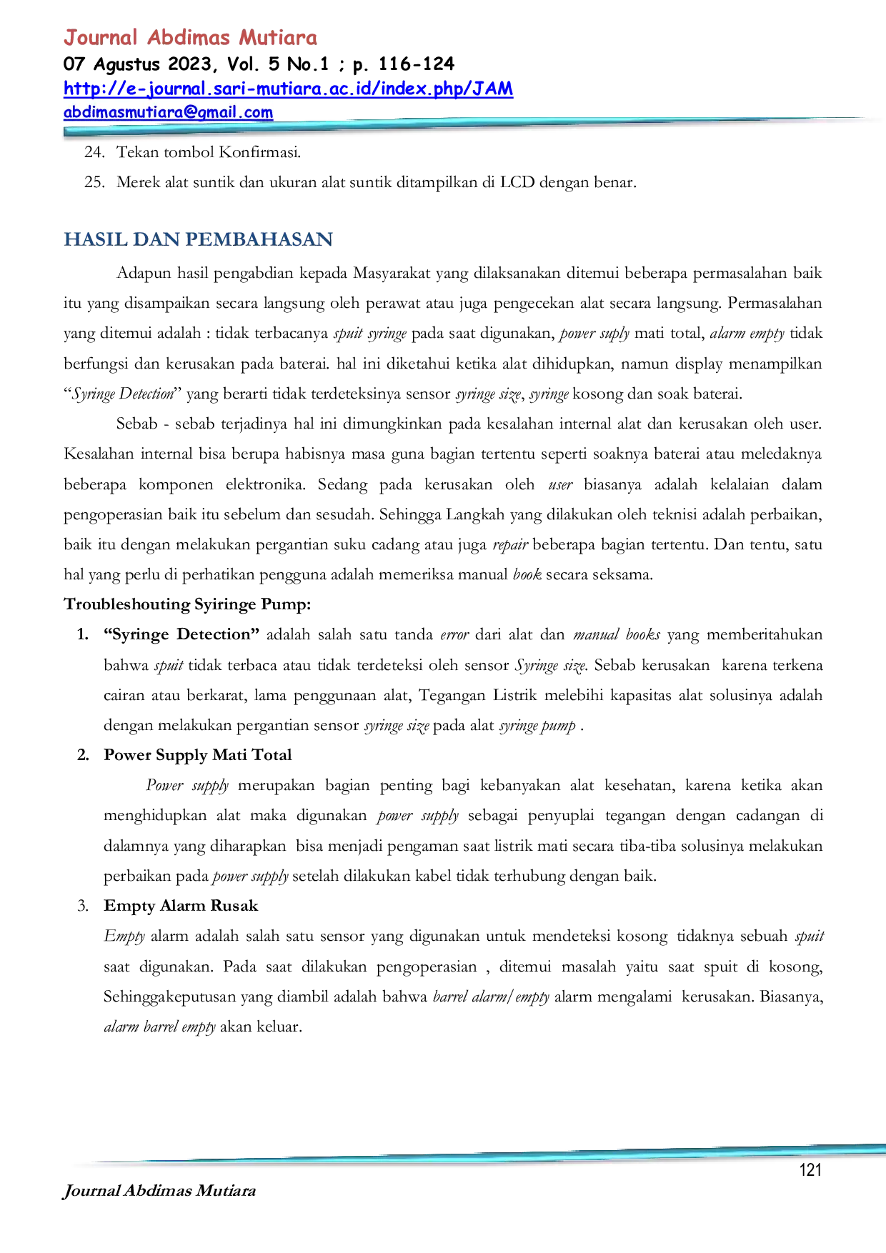 JURIS Sosialisasi Pemeliharaan Korektif Pada Syringe Pump Di Rumah Sakit Umum Sari Mutiara Lubuk Pakam