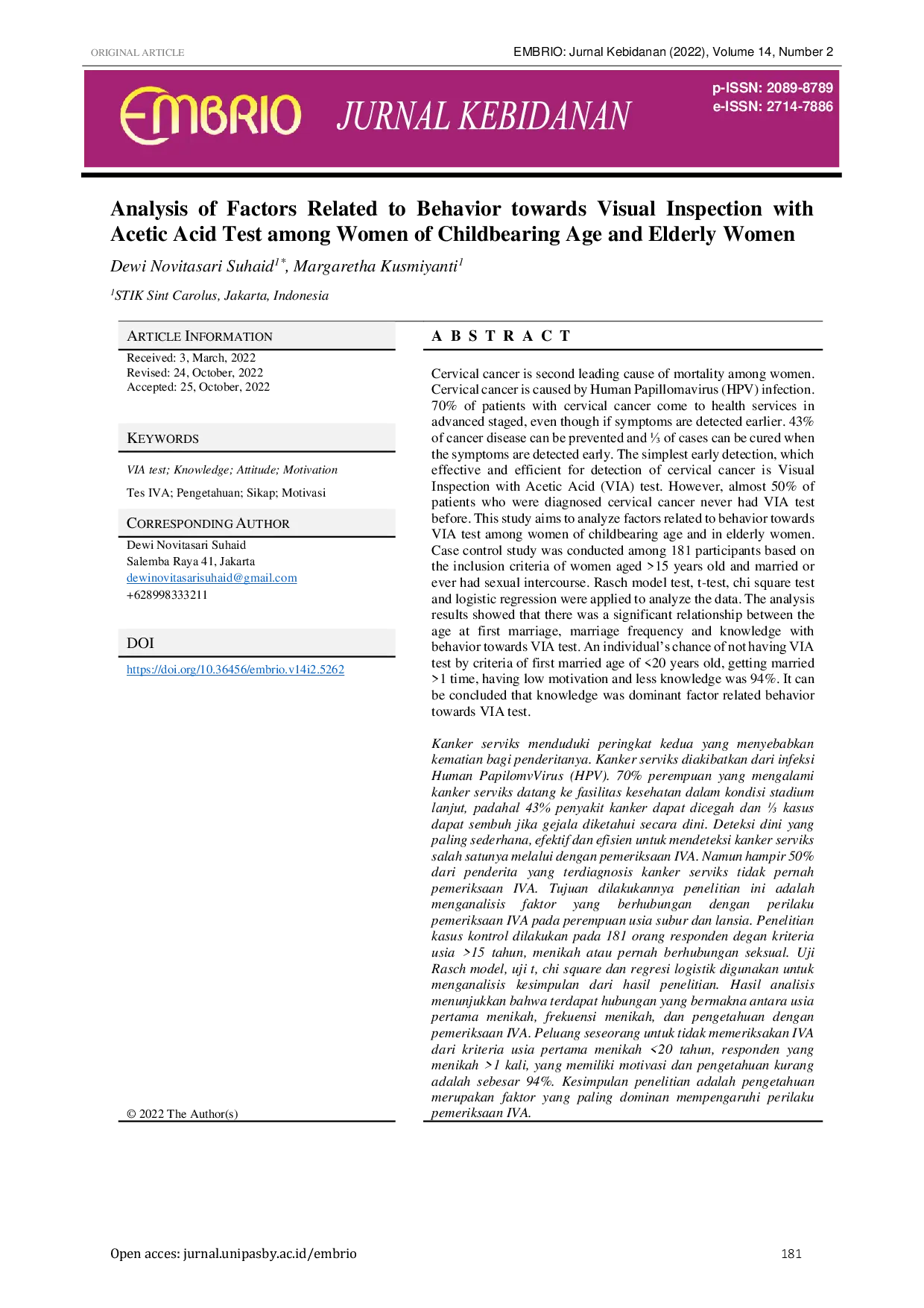 JURIS Analysis of Factors Related to Behavior Towards Visual Inspection with Acetic Acid Test among Women of Childbearing Age and Elderly Women