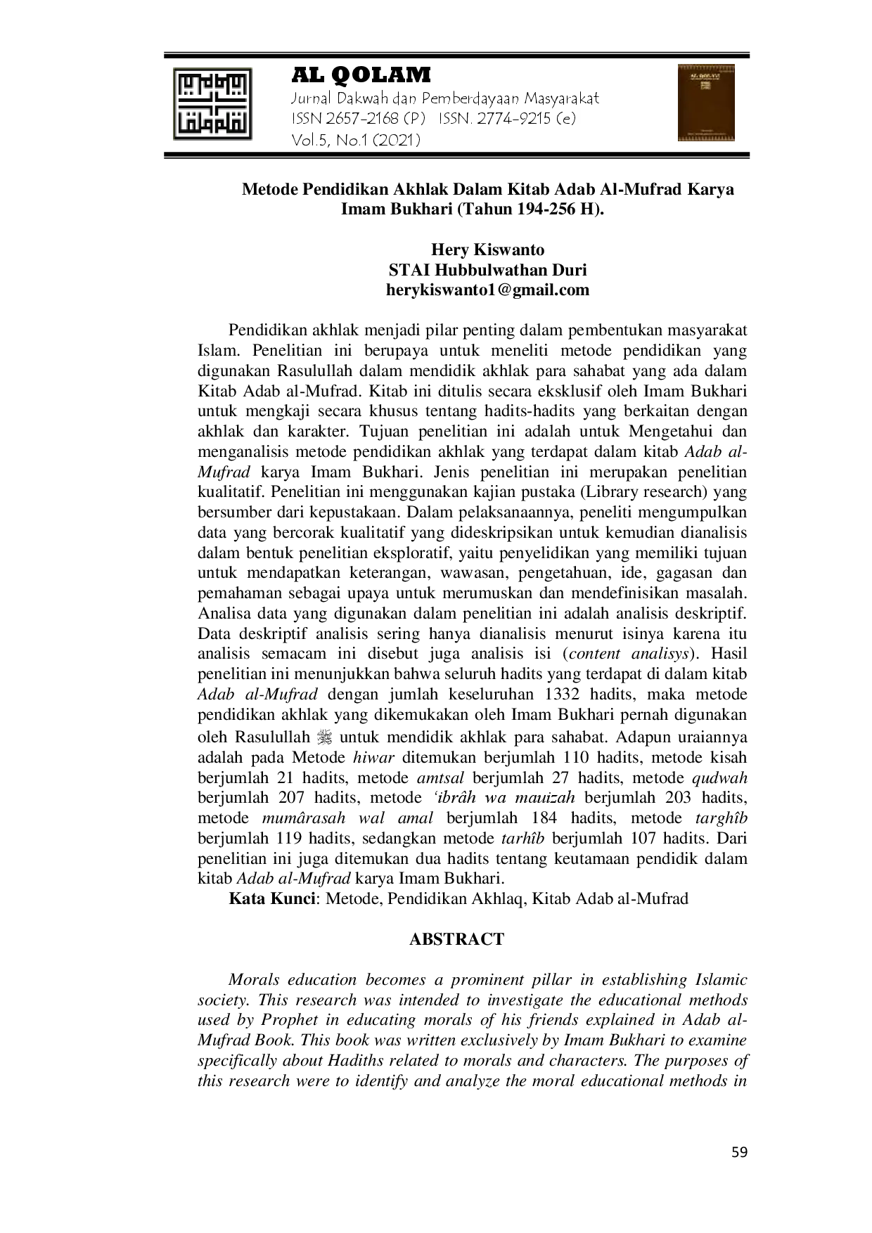 juris Metode Pendidikan Akhlak Dalam Kitab Adab Al Mufrad Karya Imam Bukhari Tahun 194 256 H