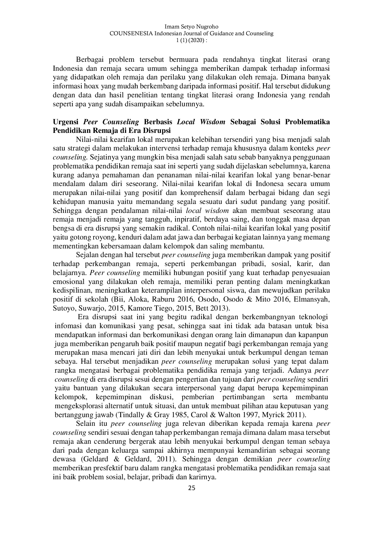 JURIS Peer Counseling Berbasis Local Wisdom Solusi Problematika Pendidikan Remaja Di Era Disrupsi
