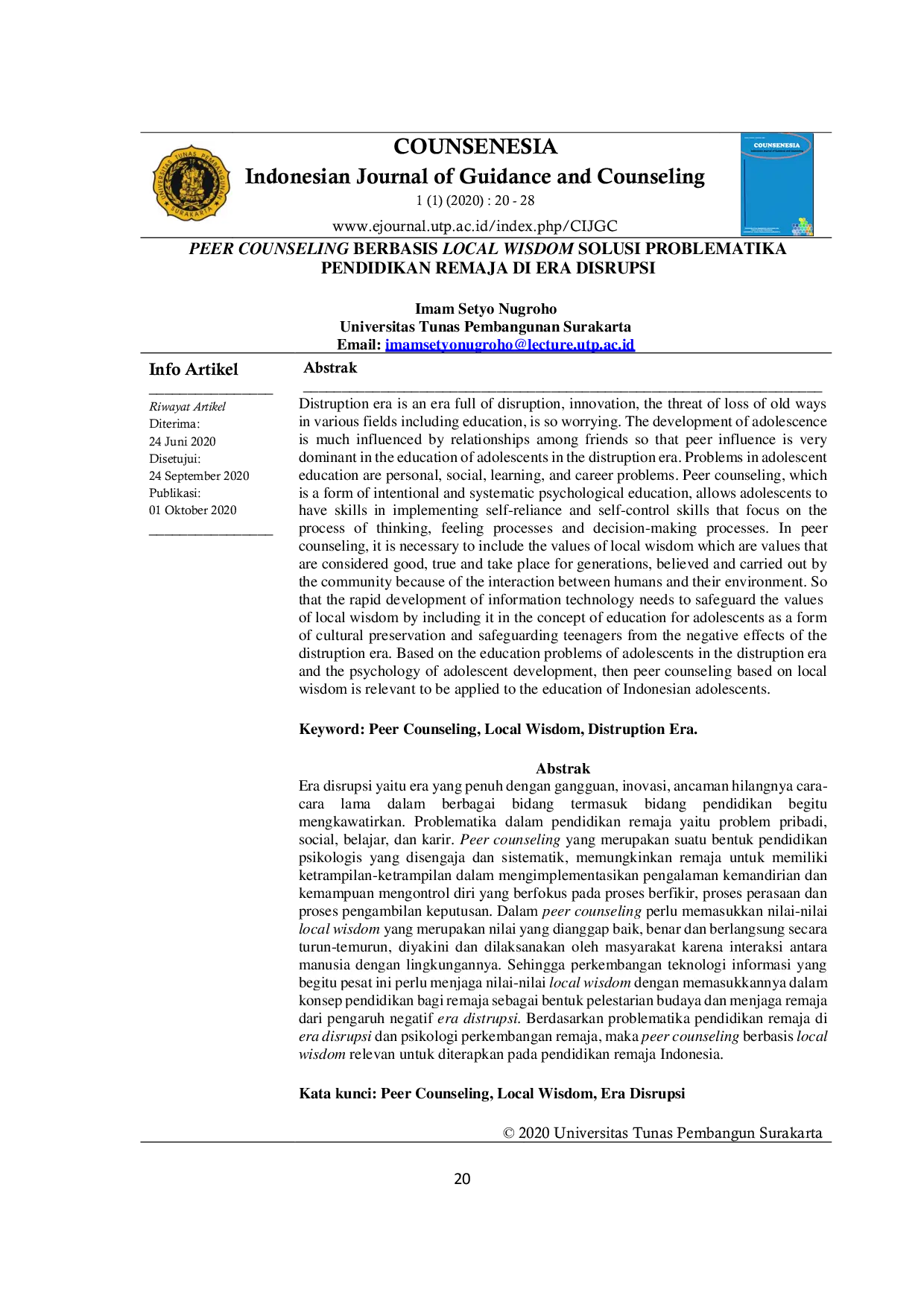 JURIS Peer Counseling Berbasis Local Wisdom Solusi Problematika Pendidikan Remaja Di Era Disrupsi