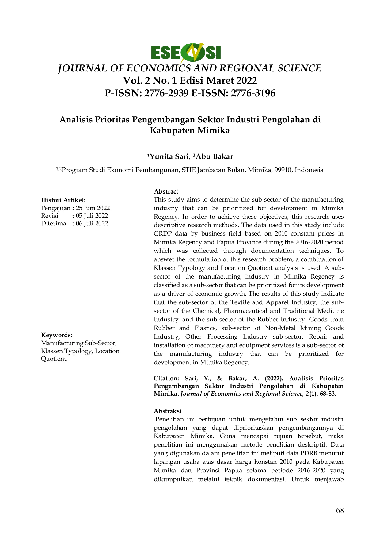 JURIS Analisis Prioritas Pengembangan Sektor Industri Pengolahan di Kabupaten Mimika