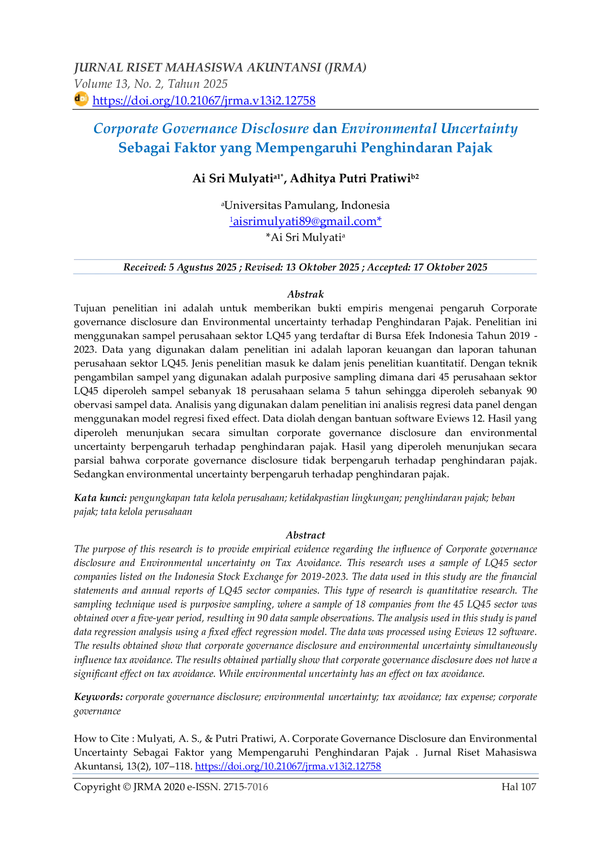 JURIS Corporate Governance Disclosure dan Environmental Uncertainty Sebagai Faktor yang Mempengaruhi Penghindaran Pajak