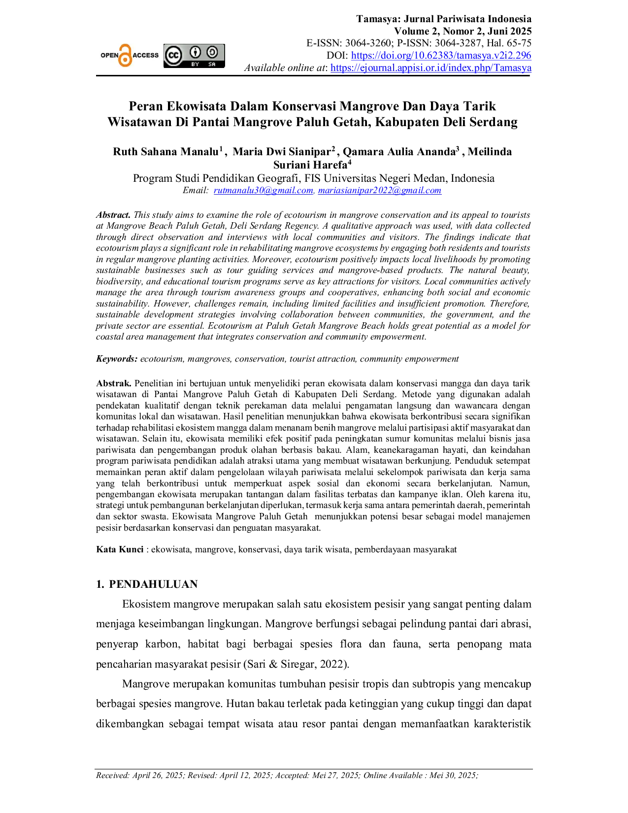 JURIS Peran Ekowisata Dalam Konservasi Mangrove Dan Daya Tarik Wisatawan Di Pantai Mangrove Paluh Getah Kabupaten Deli Serdang