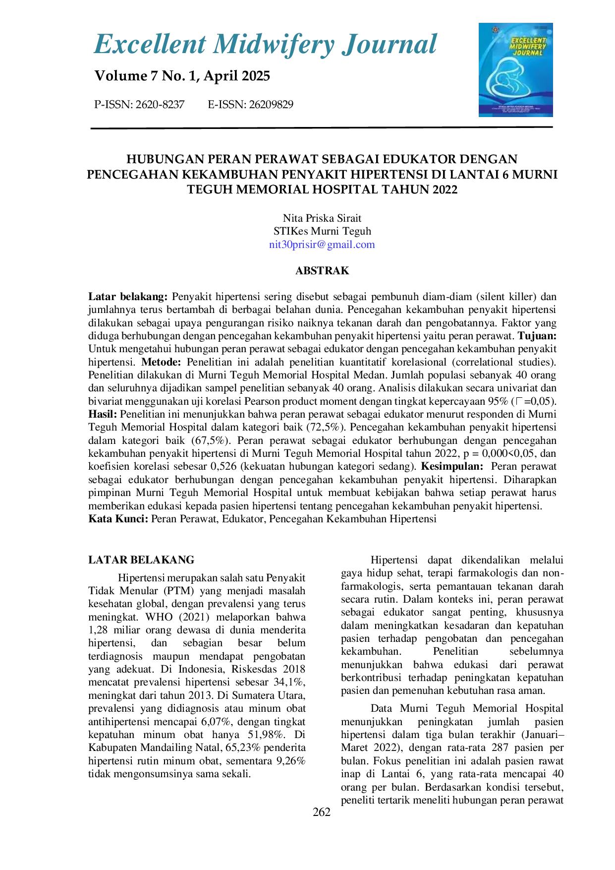 JURIS Hubungan Peran Perawat Sebagai Edukator Dengan Pencegahan Kekambuhan Penyakit Hipertensi Di Lantai 6 Murni Teguh Memorial Hospital Tahun 2022