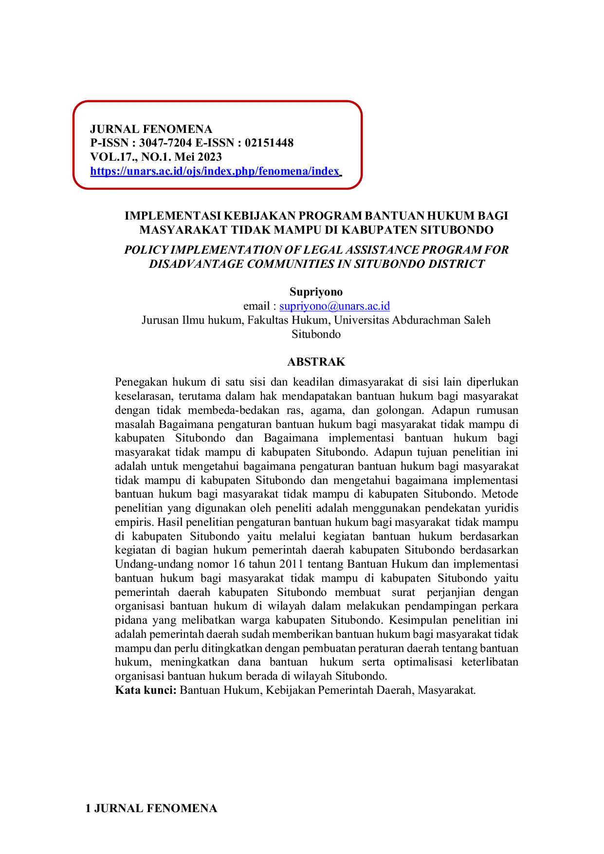 JURIS Implementasi Kebijakan Program Bantuan Hukum Bagi Masyarakat Tidak Mampu di Kabupaten Situbondo