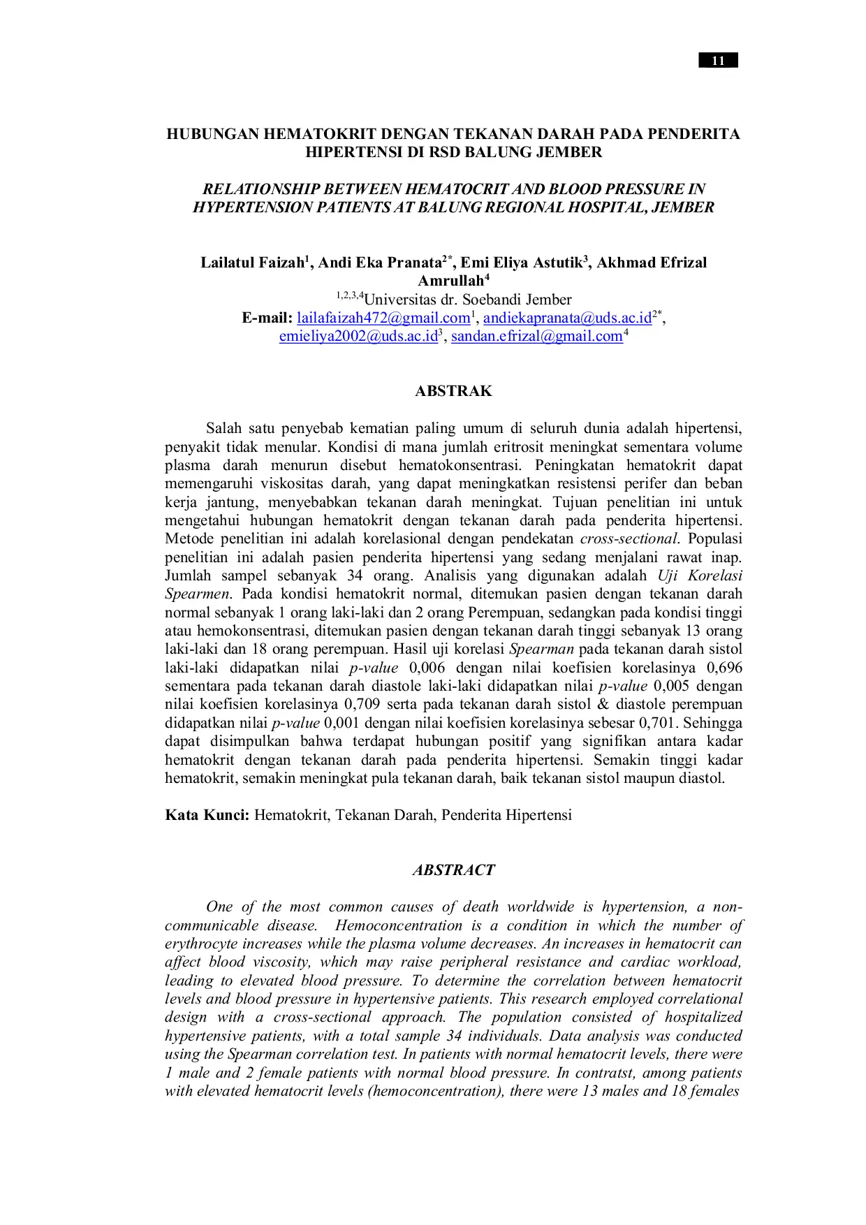 JURIS Hubungan Hematokrit dengan Tekanan Darah pada Penderita Hipertensi di RSD Balung Jember