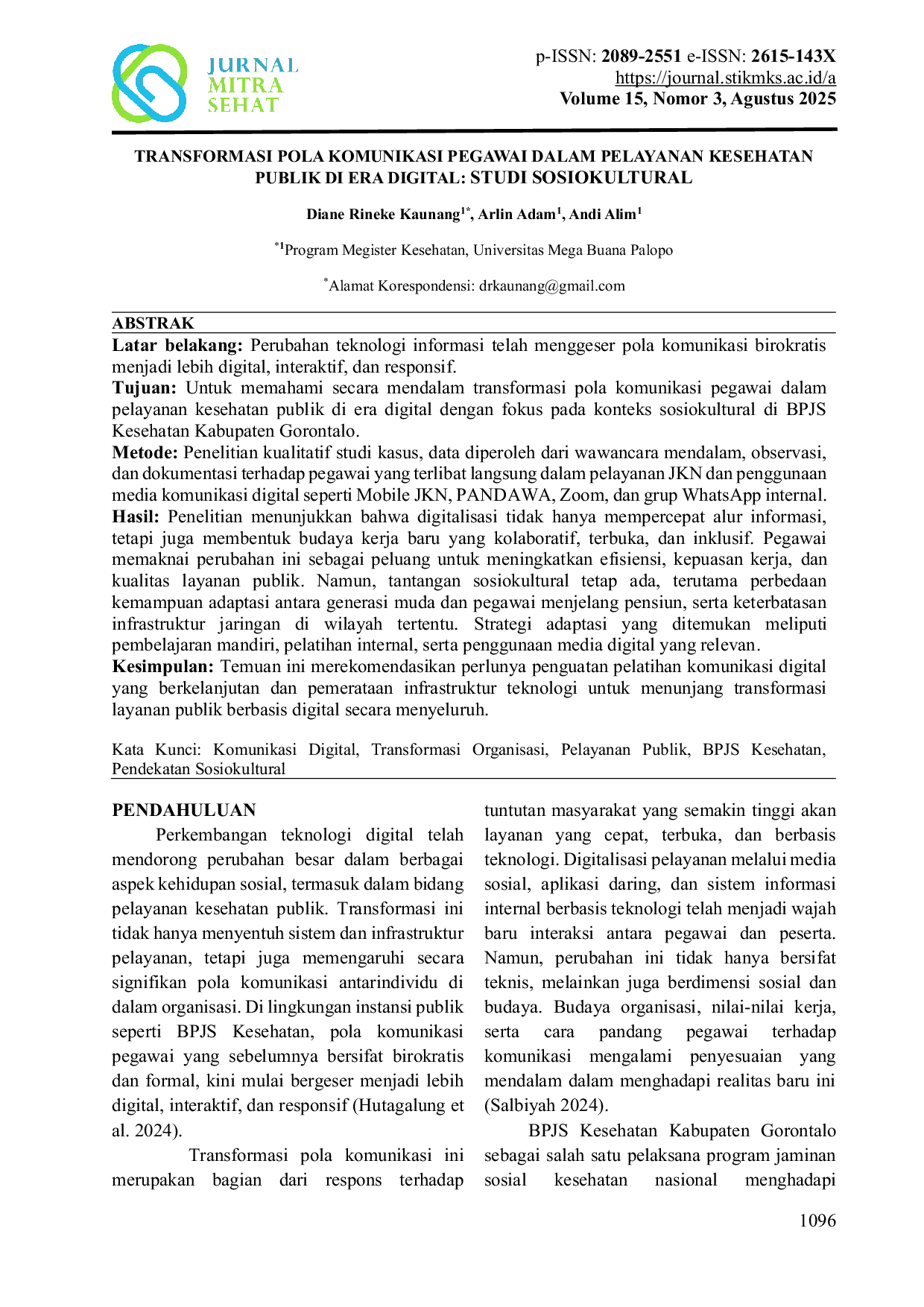 JURIS Transformasi Pola Komunikasi Pegawai Dalam Pelayanan Kesehatan Publik Di Era Digital Studi Sosiokultural