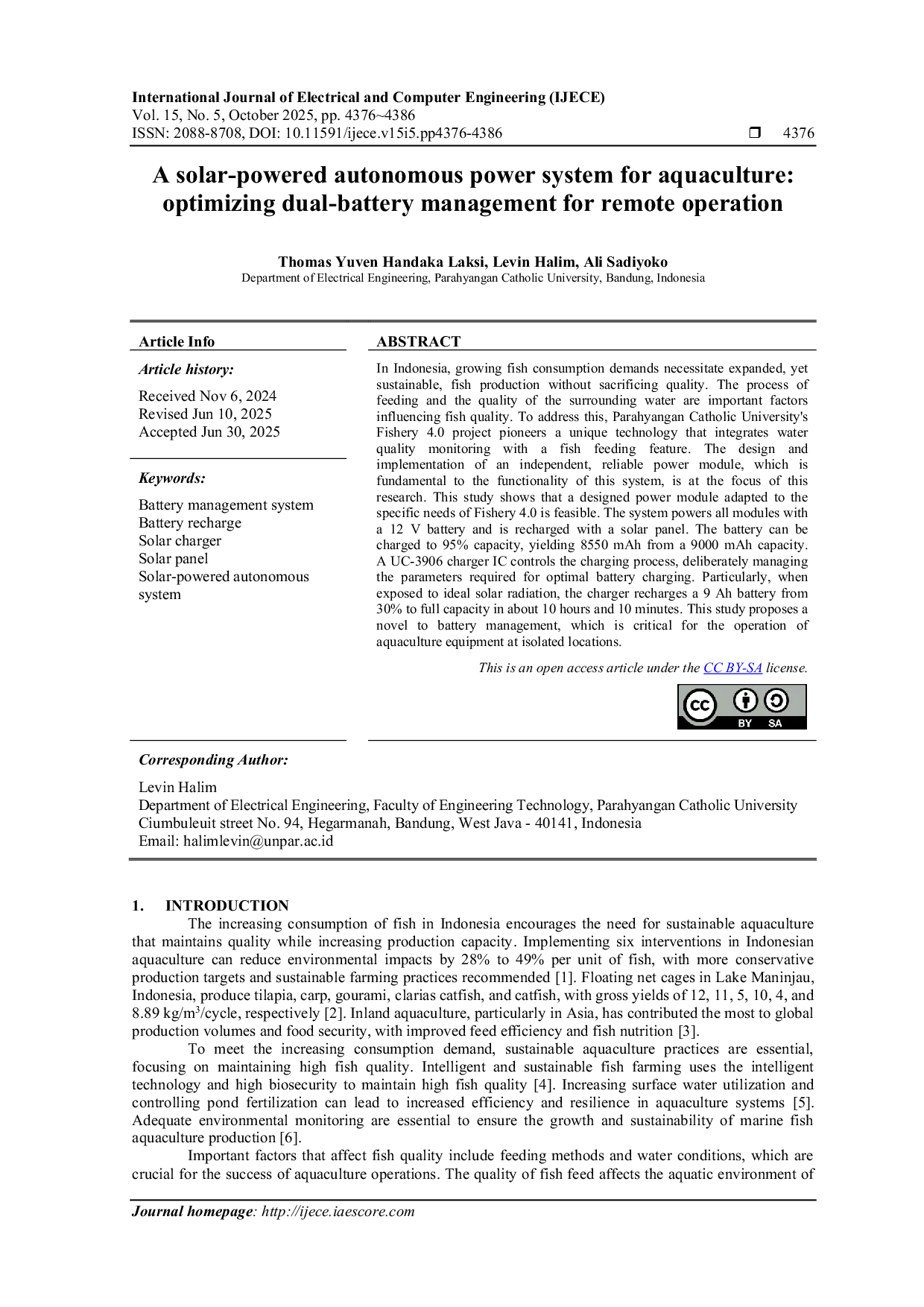 JURIS A solar powered autonomous power system for aquaculture optimizing dual battery management for remote operation