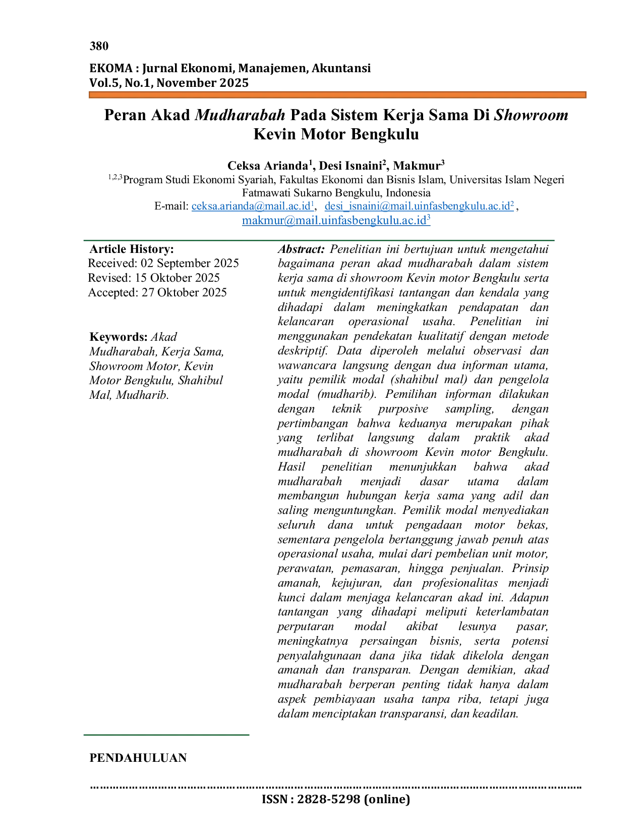 JURIS Peran Akad Mudharabah Pada Sistem Kerja Sama Di Showroom Kevin Motor Bengkulu