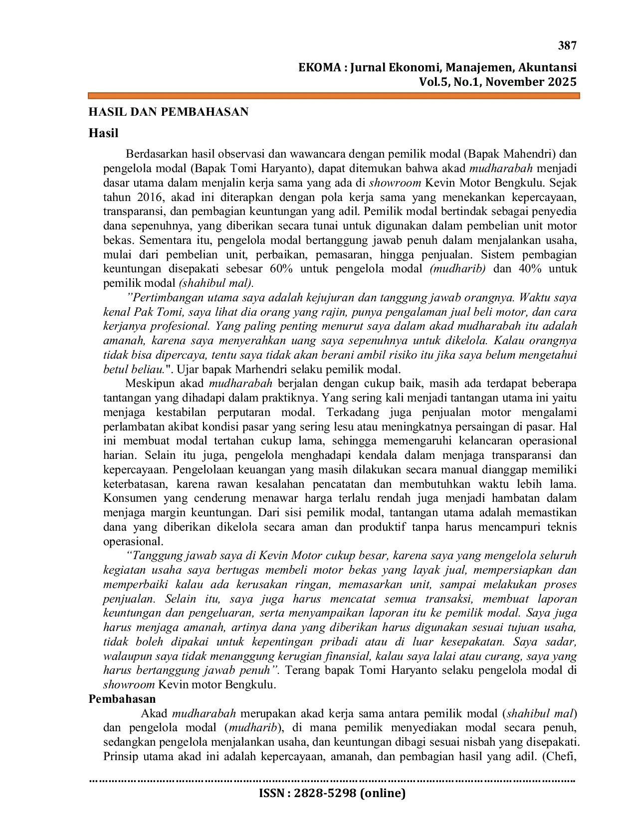 JURIS Peran Akad Mudharabah Pada Sistem Kerja Sama Di Showroom Kevin Motor Bengkulu