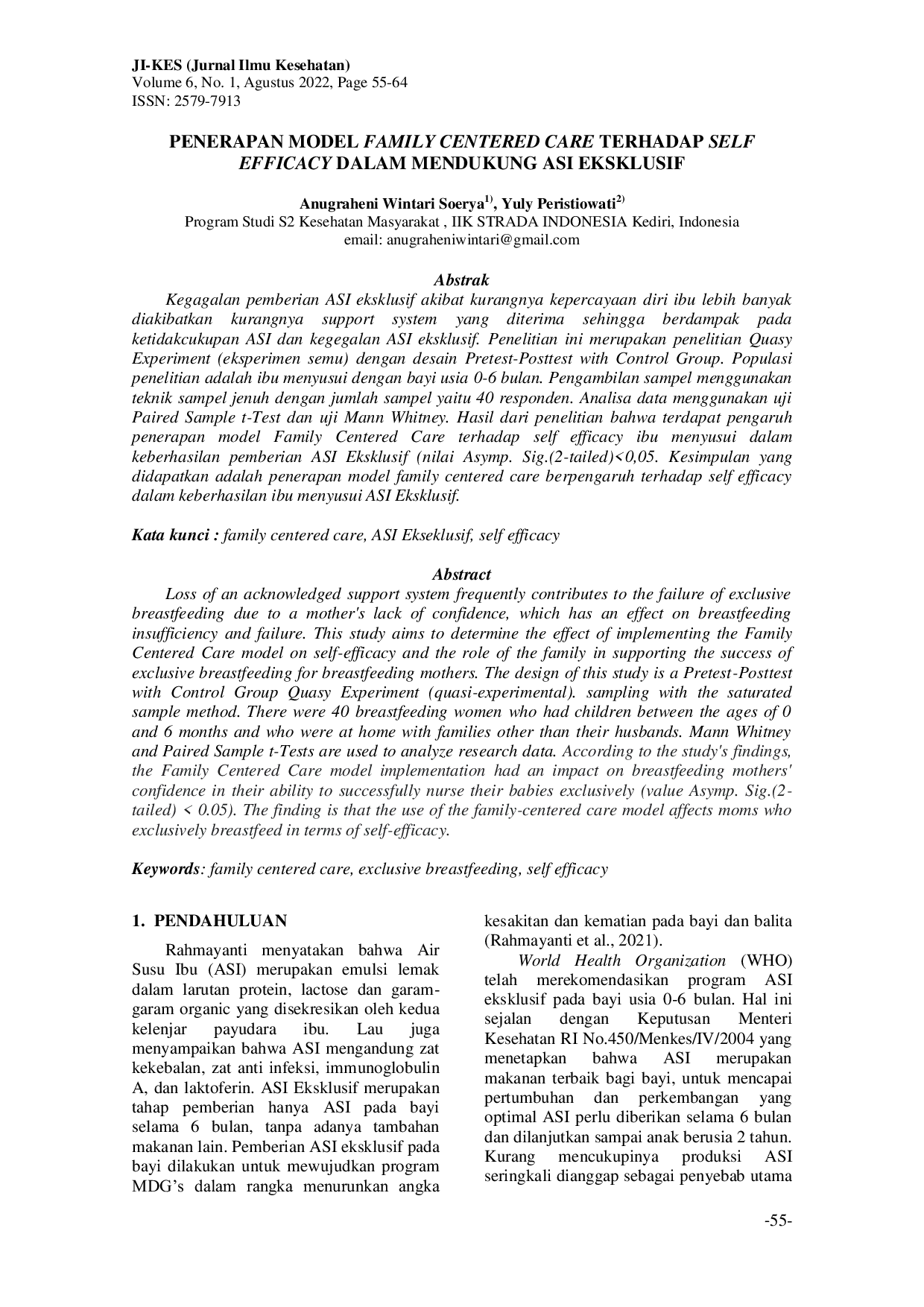 JURIS Penerapan Model Family Centered Care terhadap Self Efficacy dan Peran Keluarga dalam Mendukung Keberhasilan Pemberian ASI Eksklusif