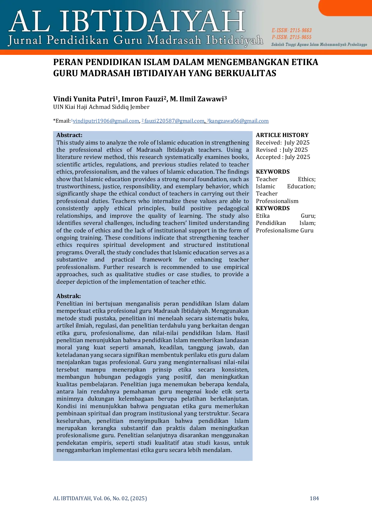 JURIS Peran Pendidikan Islam Dalam Mengembangkan Etika Guru Madrasah Ibtidaiyah Yang Berkualitas