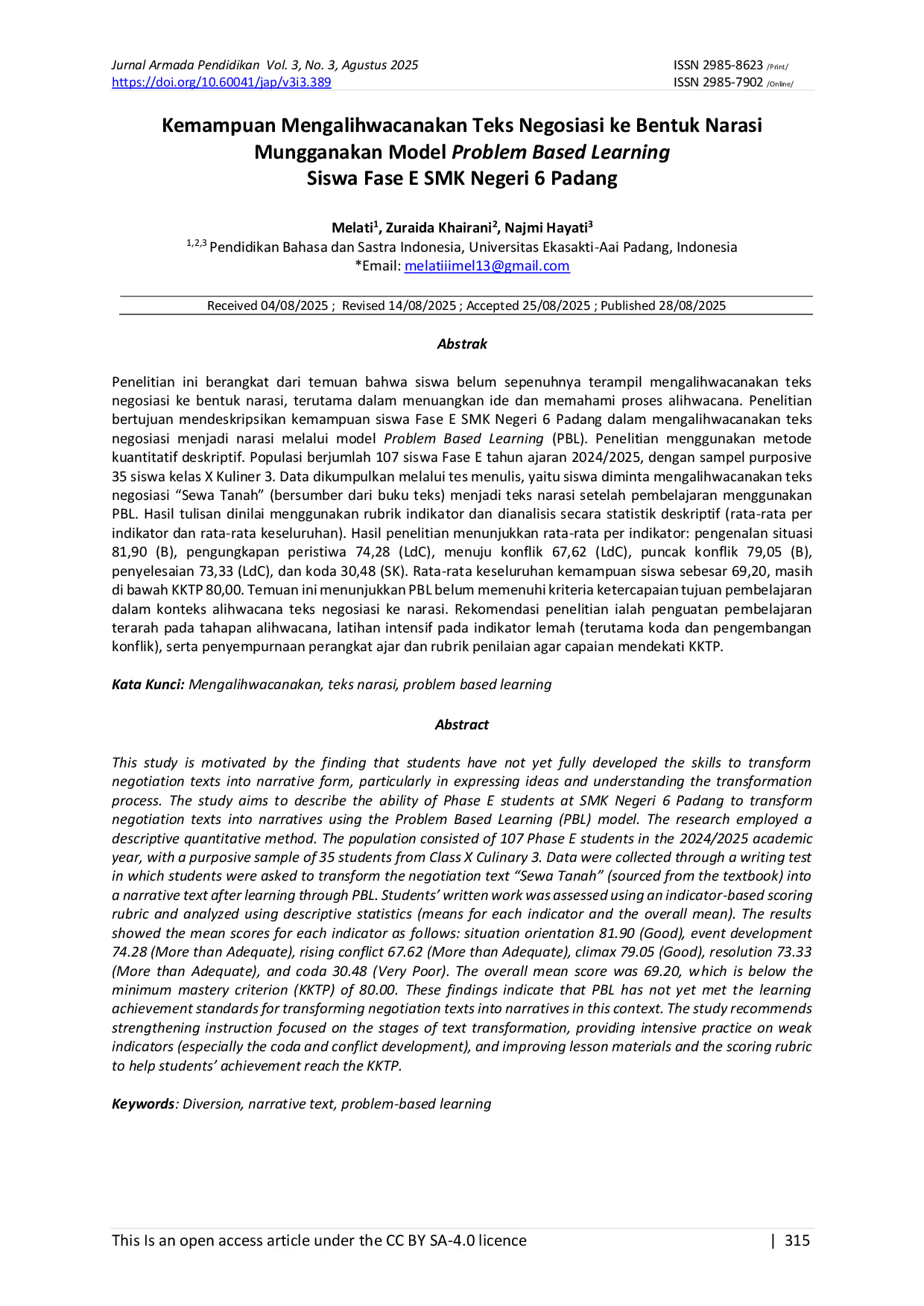 JURIS Kemampuan Mengalihwacanakan Teks Negosiasi ke Bentuk Narasi Mungganakan Model Problem Based Learning Siswa Fase E SMK Negeri 6 Padang
