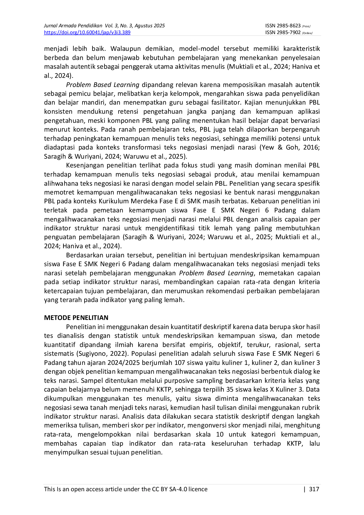 JURIS Kemampuan Mengalihwacanakan Teks Negosiasi ke Bentuk Narasi Mungganakan Model Problem Based Learning Siswa Fase E SMK Negeri 6 Padang