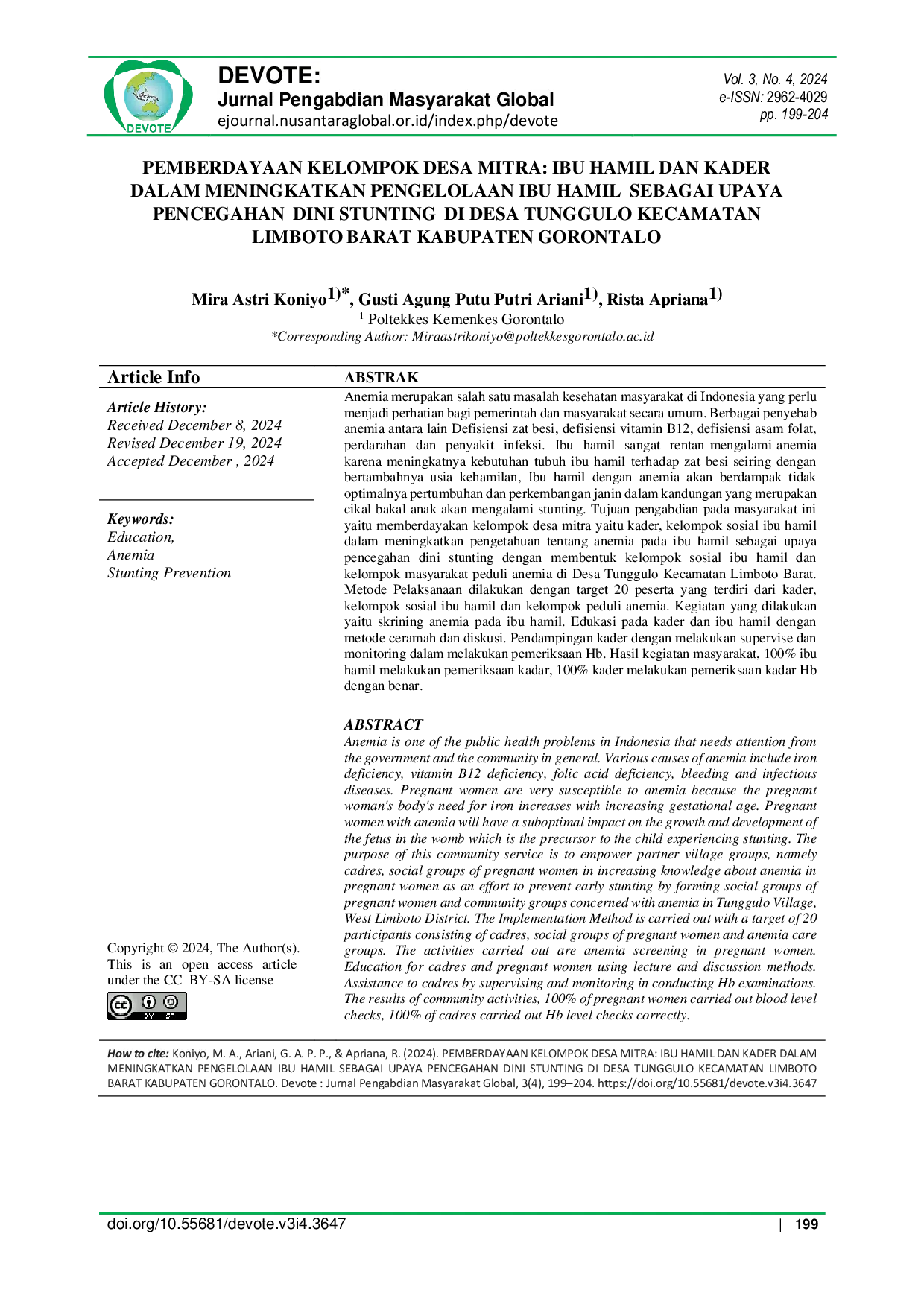 JURIS Pemberdayaan Kelompok Desa Mitra Ibu Hamil dan Kader dalam Meningkatkan Pengelolaan Ibu Hamil Sebagai Upaya Pencegahan Dini Stunting Di Desa Tunggulo Kecamatan Limboto Barat Kabupaten Gorontalo