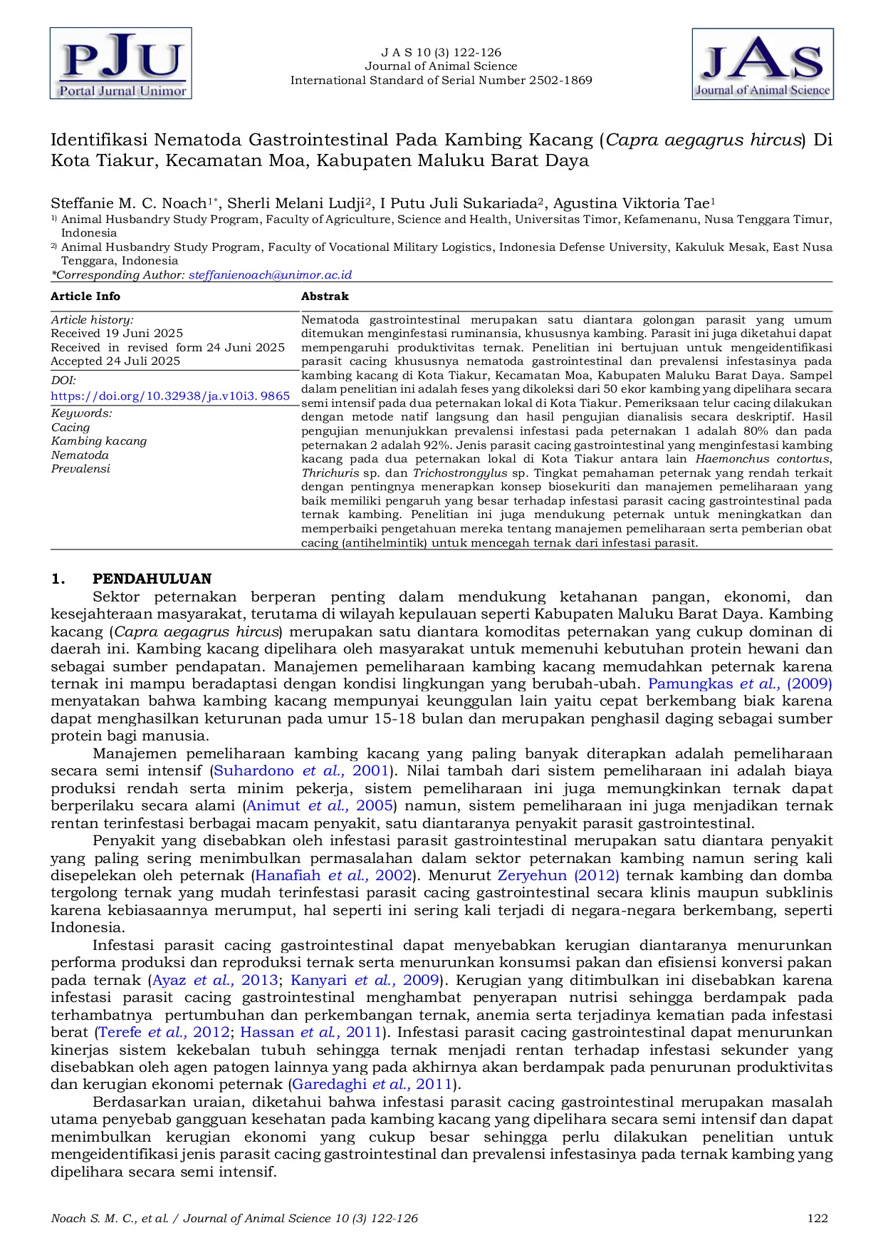 JURIS Identification of Gastrointestinal Nematoda on Kacang Goat Capra aegagrus hircus In Tiakur Moa District Southwest Maluku