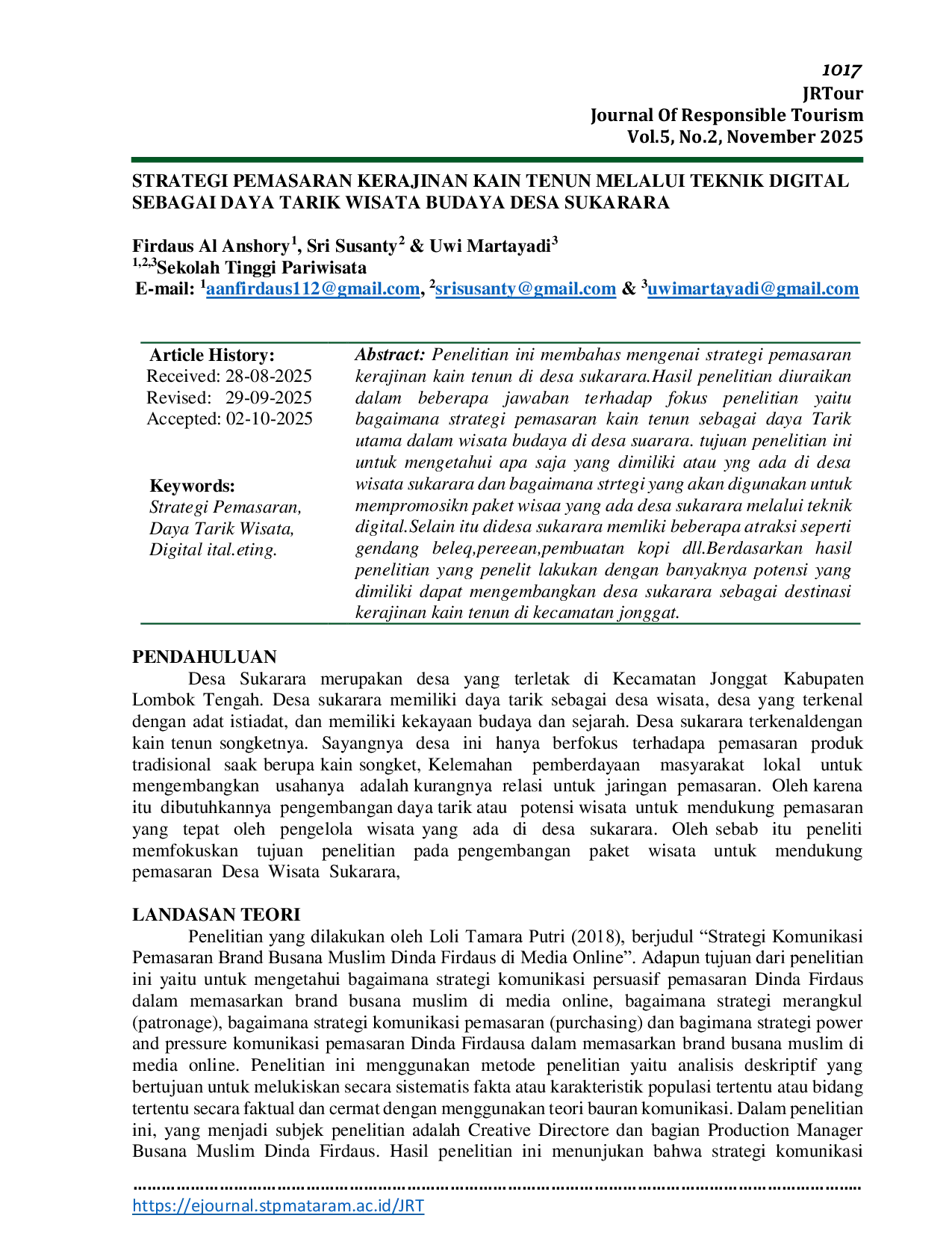 JURIS Strategi Pemasaran Kerajinan Kain Tenun Melalui Teknik Digital Sebagai Daya Tarik Wisata Budaya Desa Sukarara