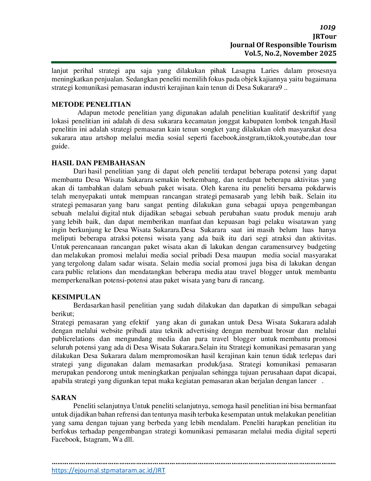 JURIS Strategi Pemasaran Kerajinan Kain Tenun Melalui Teknik Digital Sebagai Daya Tarik Wisata Budaya Desa Sukarara