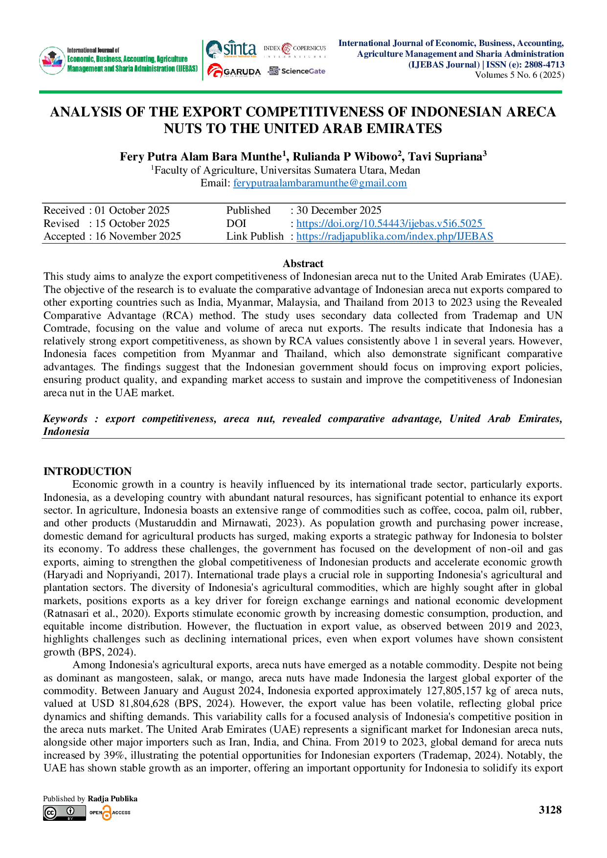 JURIS Analysis of the Export Competitiveness of Indonesian Areca Nuts to the United Arab Emirates