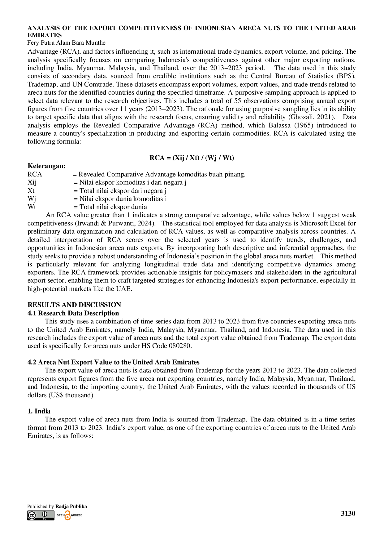 JURIS Analysis of the Export Competitiveness of Indonesian Areca Nuts to the United Arab Emirates
