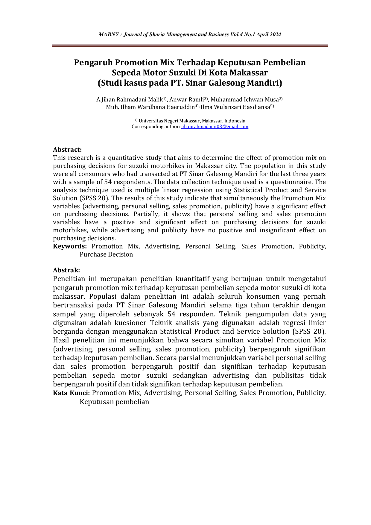 JURIS Pengaruh Promotion Mix Terhadap Keputusan Pembelian Sepeda Motor Suzuki Di Kota Makassar studi kasus pada PT Sinar Galesong Mandiri