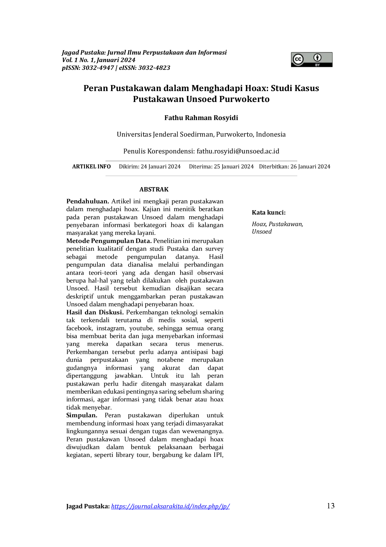 juris Peran Pustakawan dalam Menghadapi Hoax Studi Kasus Pustakawan Unsoed Purwokerto