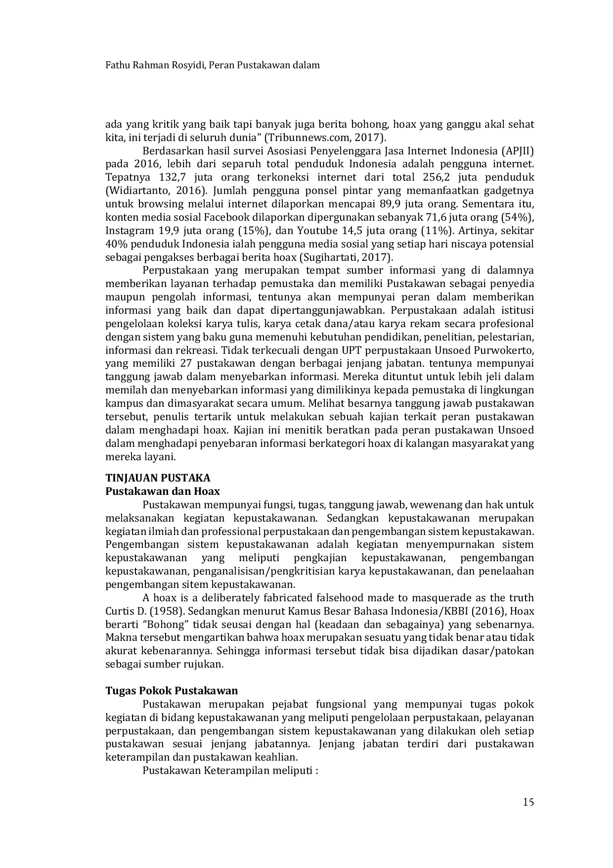 juris Peran Pustakawan dalam Menghadapi Hoax Studi Kasus Pustakawan Unsoed Purwokerto