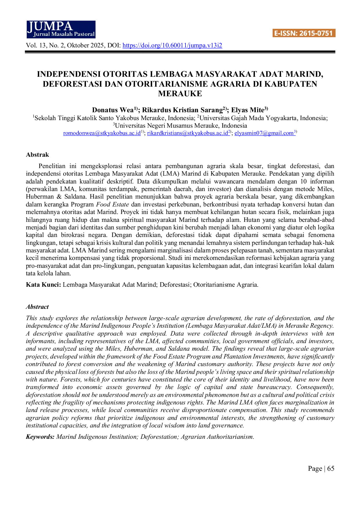 JURIS Independensi Otoritas Lembaga Masyarakat Adat Marind Deforestasi Dan Otoritarianisme Agraria Di Kabupaten Merauke