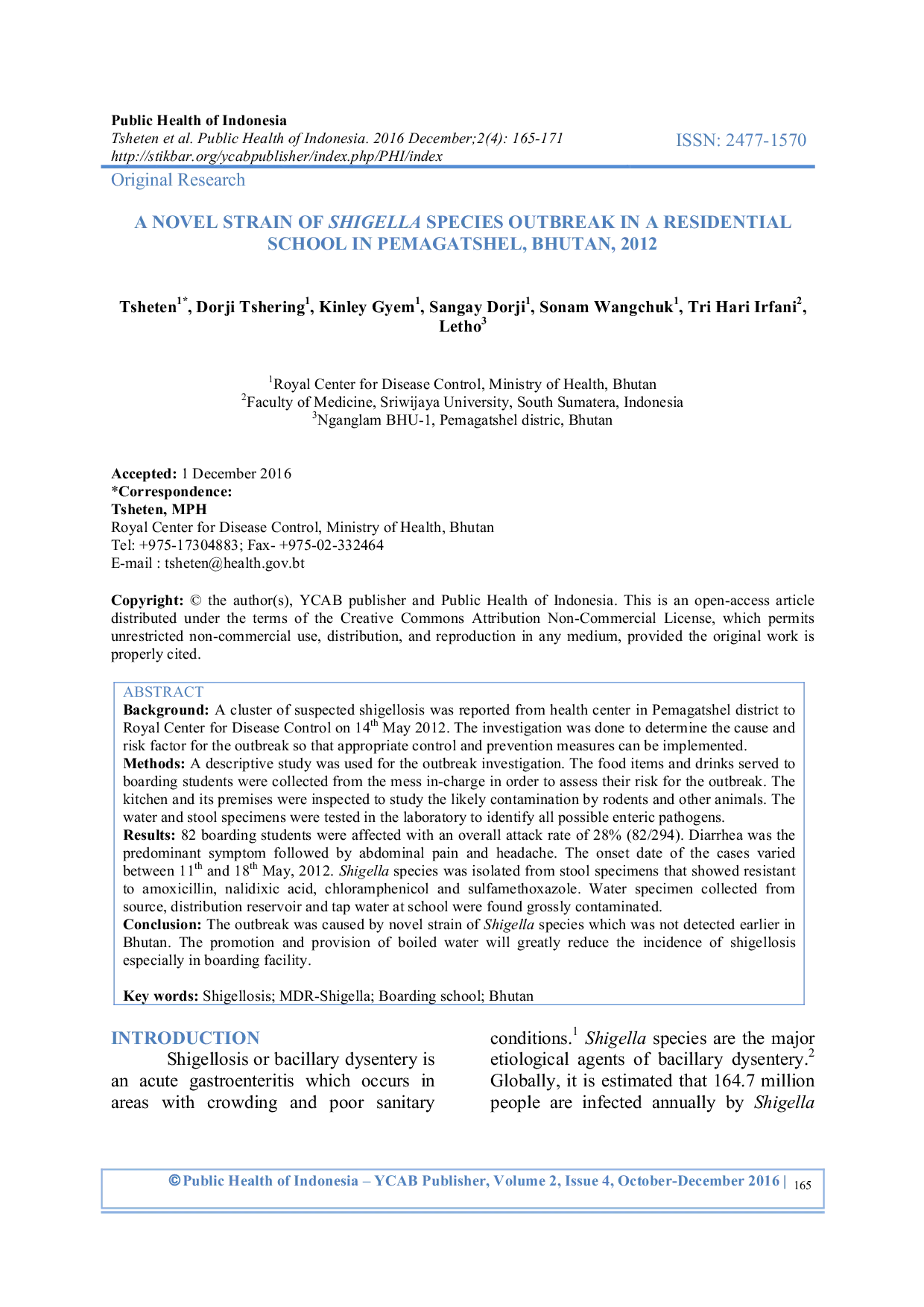 JURIS A Novel Strain of Shigella Species Outbreak in a Residential School in Pemagatshel Bhutan 2012