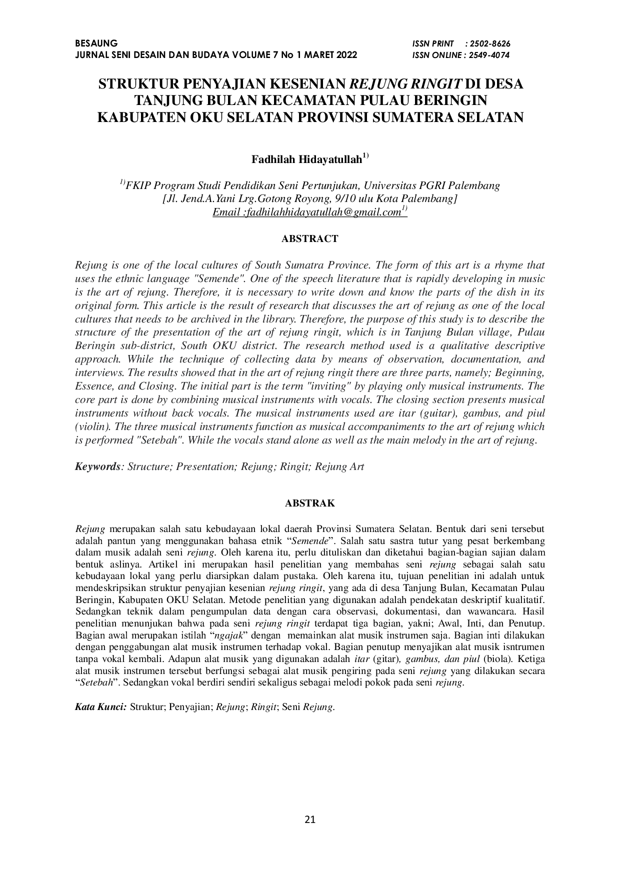 JURIS Struktur Penyajian Kesenian Rejung Ringit di Desa Tanjung Bulan Kecamatan Pulau Beringin Kabupaten OKU Selatan Provinsi Sumatera Selatan