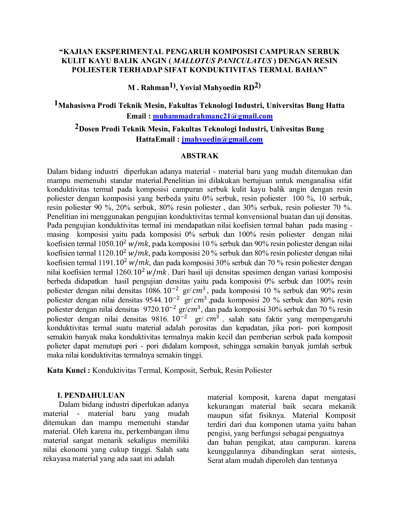 JURIS Kajian Eksperimental Pengaruh Komposisi Campuran Serbuk Kulit Kayu Balik Angin Mallotus Paniculatus Dengan Resin Poliester Terhadap Sifat Konduktivitas Termal Bahan