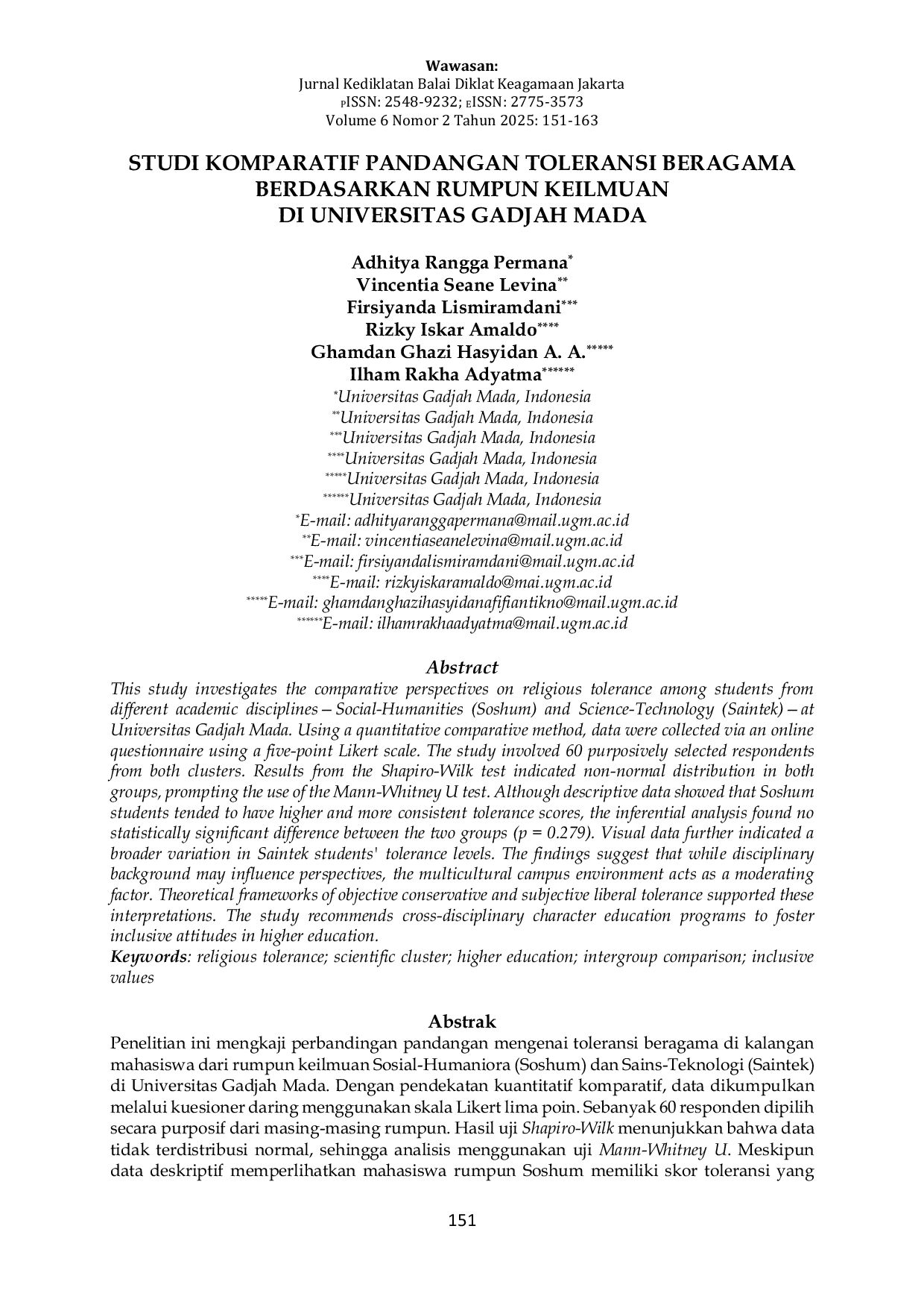 JURIS Studi Komparatif Pandangan Toleransi Beragama Berdasarkan Rumpun Keilmuan di Universitas Gadjah Mada