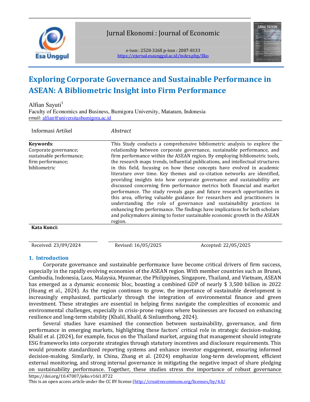 JURIS Exploring Corporate Governance and Sustainable Performance in ASEAN A Bibliometric Insight into Firm Performance