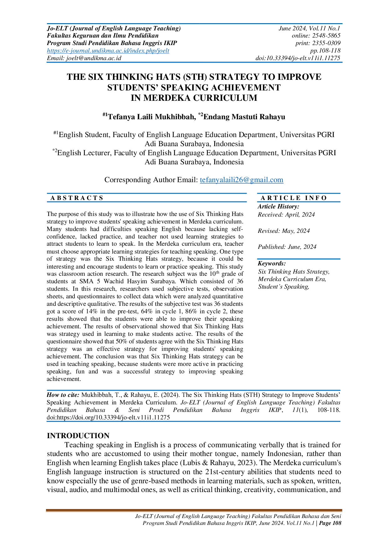 JURIS The Six Thinking Hats STH Strategy to Improve Students Speaking Achievement in Merdeka Curriculum