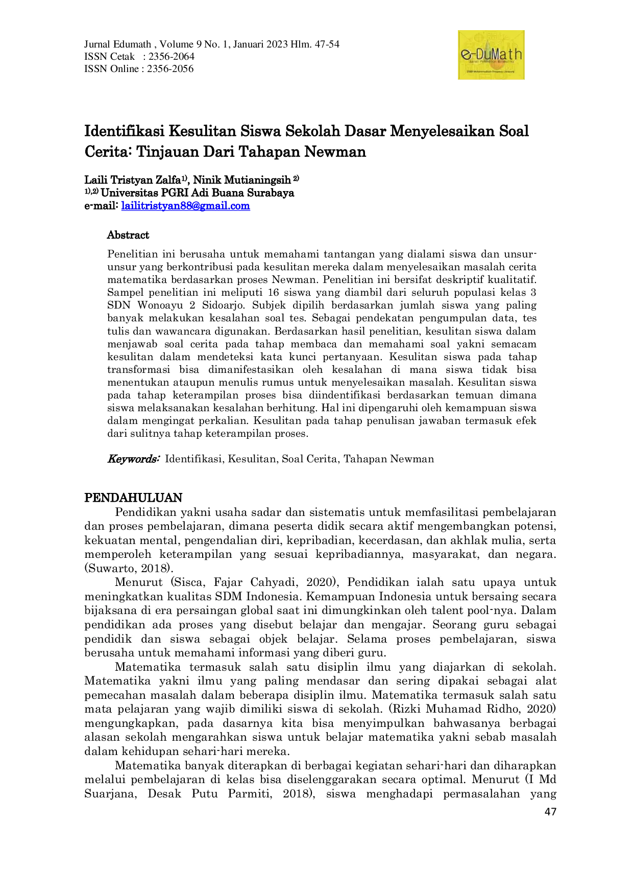 JURIS Identifikasi Kesulitan Siswa Sekolah Dasar Menyelesaikan Soal Cerita Tinjauan Dari Tahapan Newman
