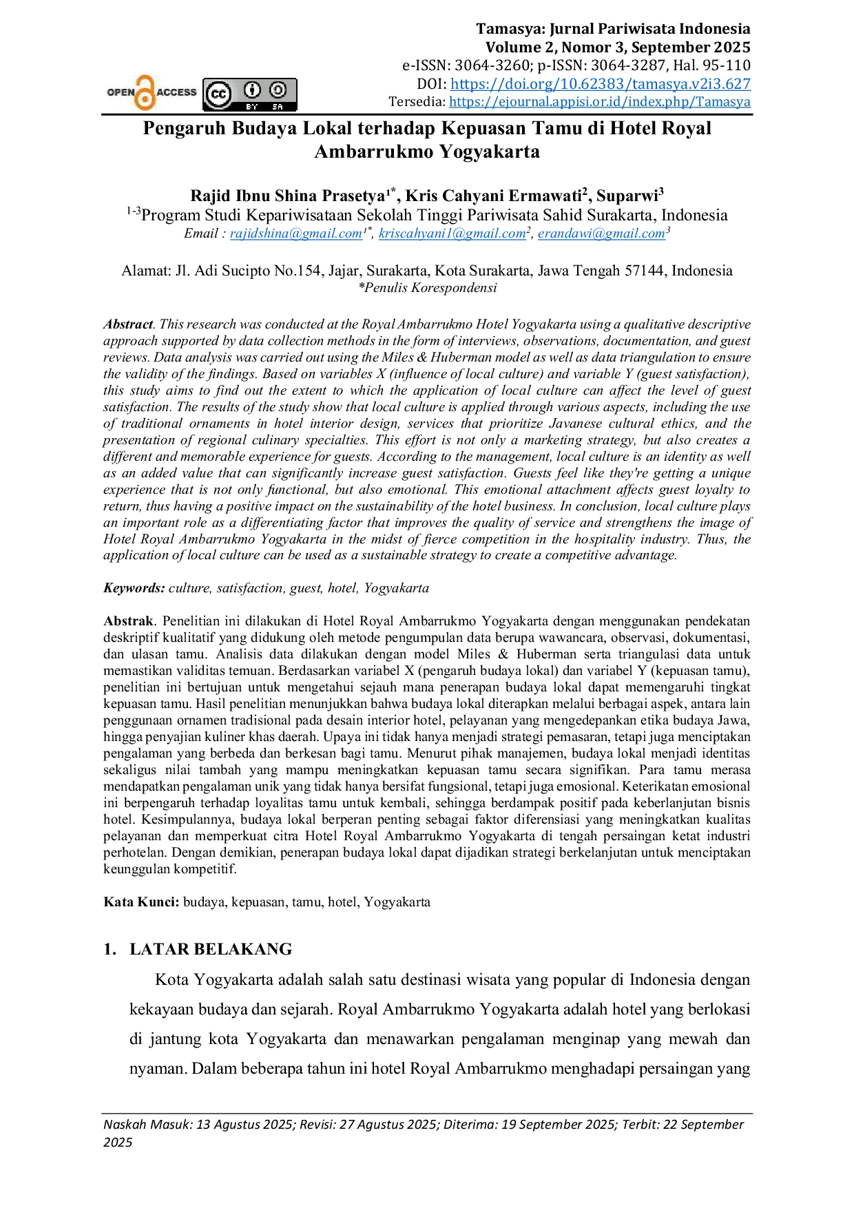 JURIS Pengaruh Budaya Lokal terhadap Kepuasan Tamu di Hotel Royal Ambarrukmo Yogyakarta