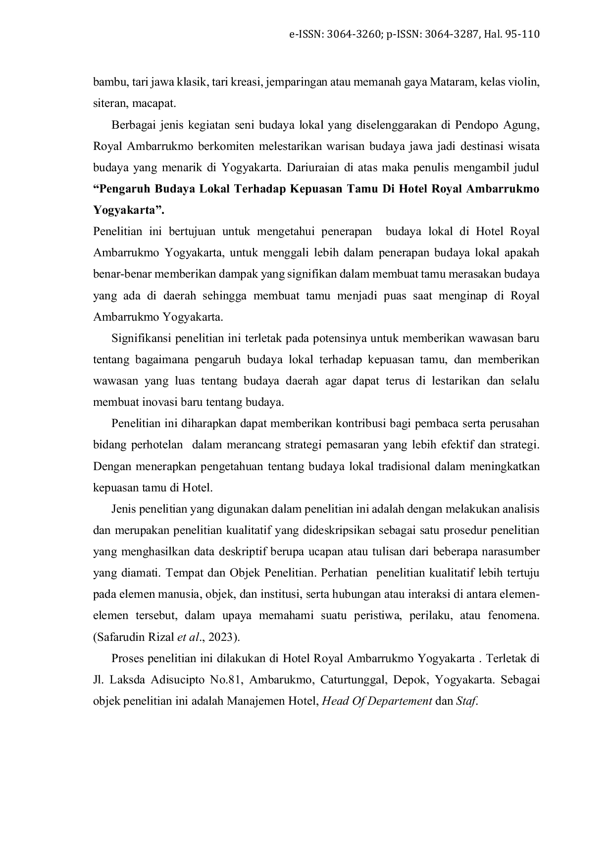 JURIS Pengaruh Budaya Lokal terhadap Kepuasan Tamu di Hotel Royal Ambarrukmo Yogyakarta