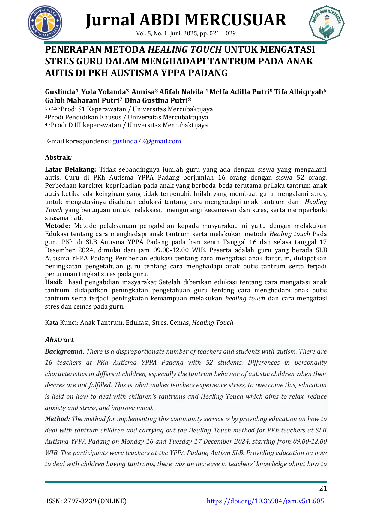JURIS Penerapan Metoda Healing Touch Untuk Mengatasi Stres Guru Dalam Menghadapi Tantrum Pada Anak Autis Di Pkh Austisma Yppa Padang
