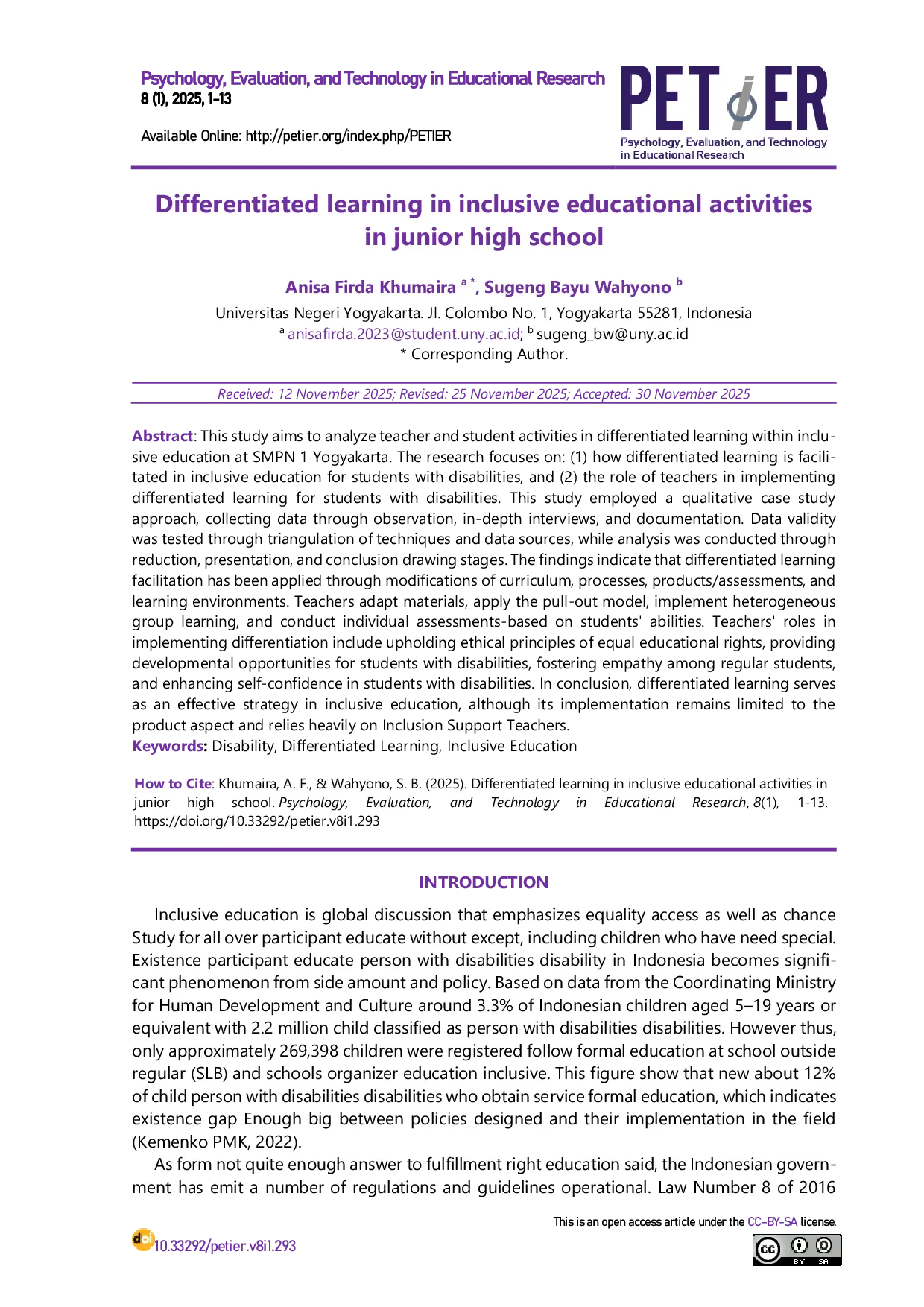 JURIS Differentiated learning in inclusive educational activities in junior high school