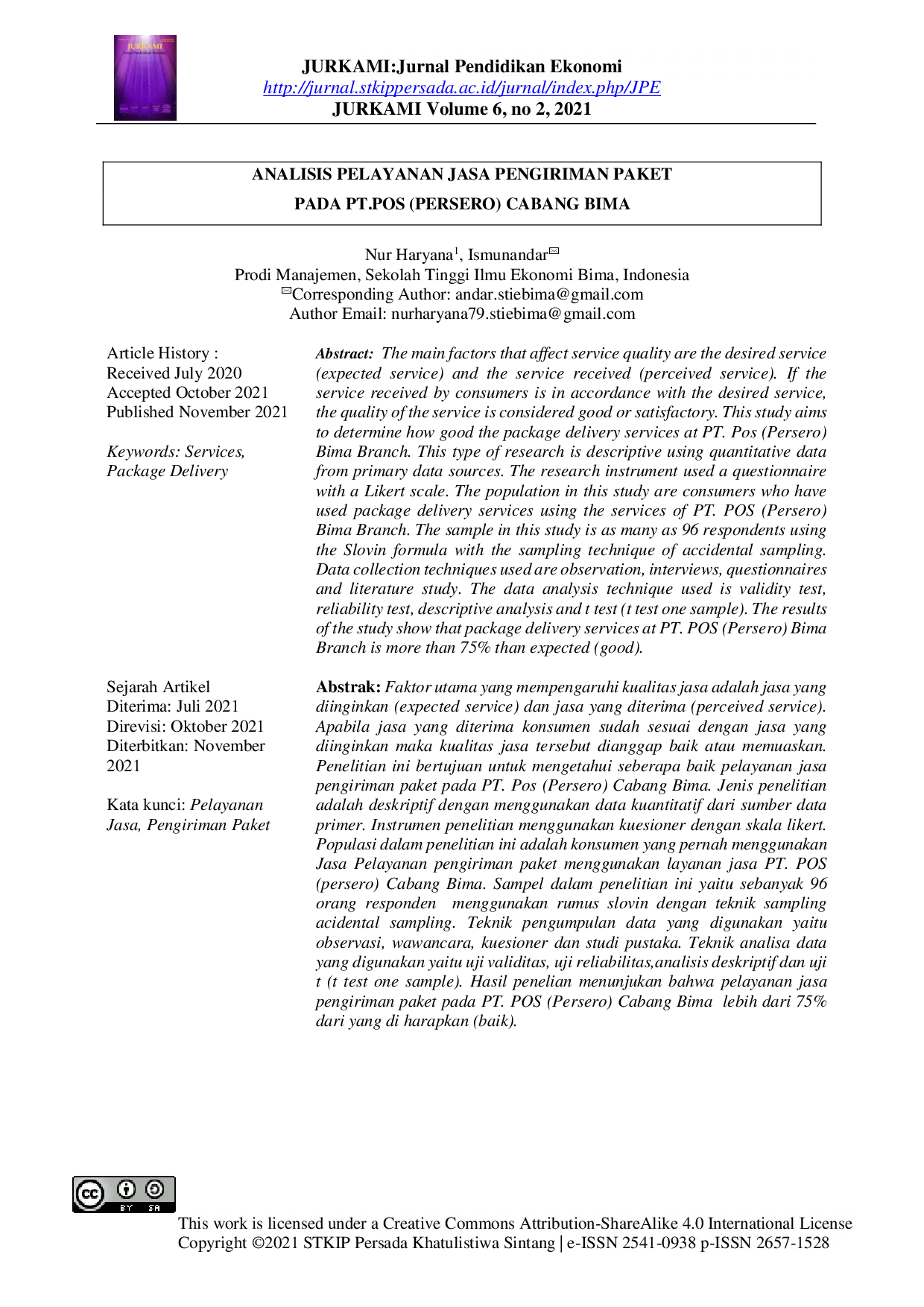 juris Analisis Pelayanan Jasa Pengiriman Paket Pada PT Pos Persero Cabang Bima