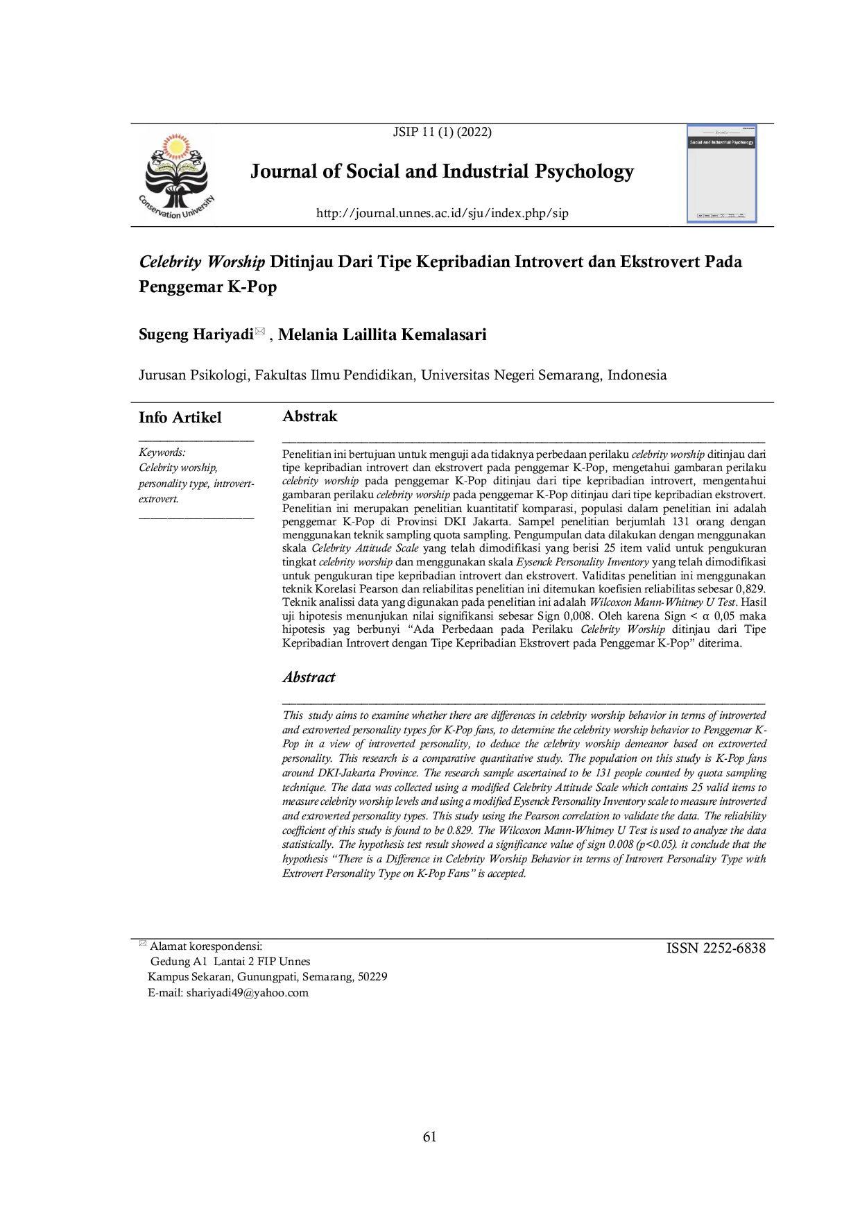 JURIS Celebrity Worship Ditinjau Dari Tipe Kepribadian Introvert dan Ekstrovert Pada Penggemar K Pop